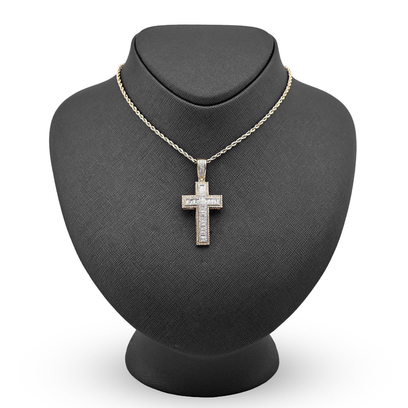 10K Yellow Gold 1.35CT Natural Diamond Round/baguette Religious Cross Pendant 8.3g Men Women 50MM HCarm - Elite Jewelers - Charms & Pendants