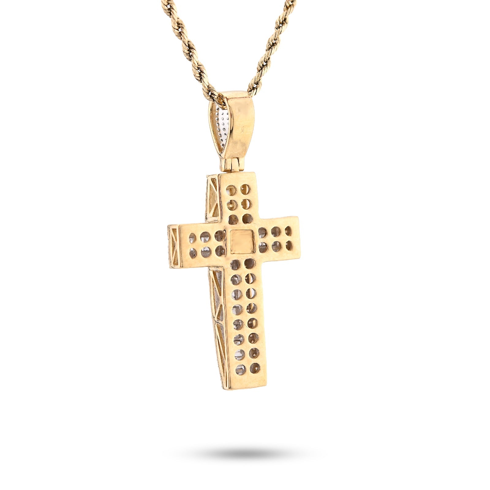 10K Yellow Gold 1.35CT Natural Diamond Round/baguette Religious Cross Pendant 8.3g Men Women 50MM HCarm - Elite Jewelers - Charms & Pendants