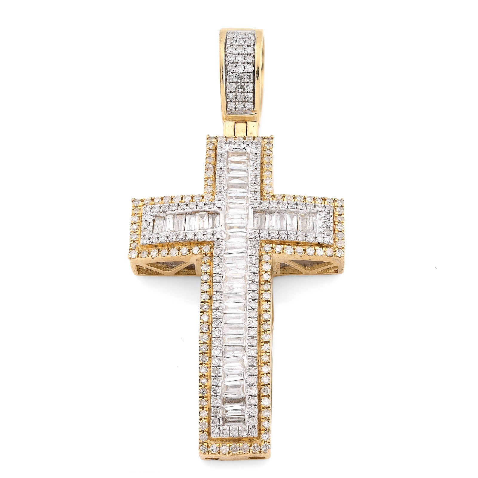 10K Yellow Gold 1.35CT Natural Diamond Round/baguette Religious Cross Pendant 8.3g Men Women 50MM HCarm - Elite Jewelers - Charms & Pendants