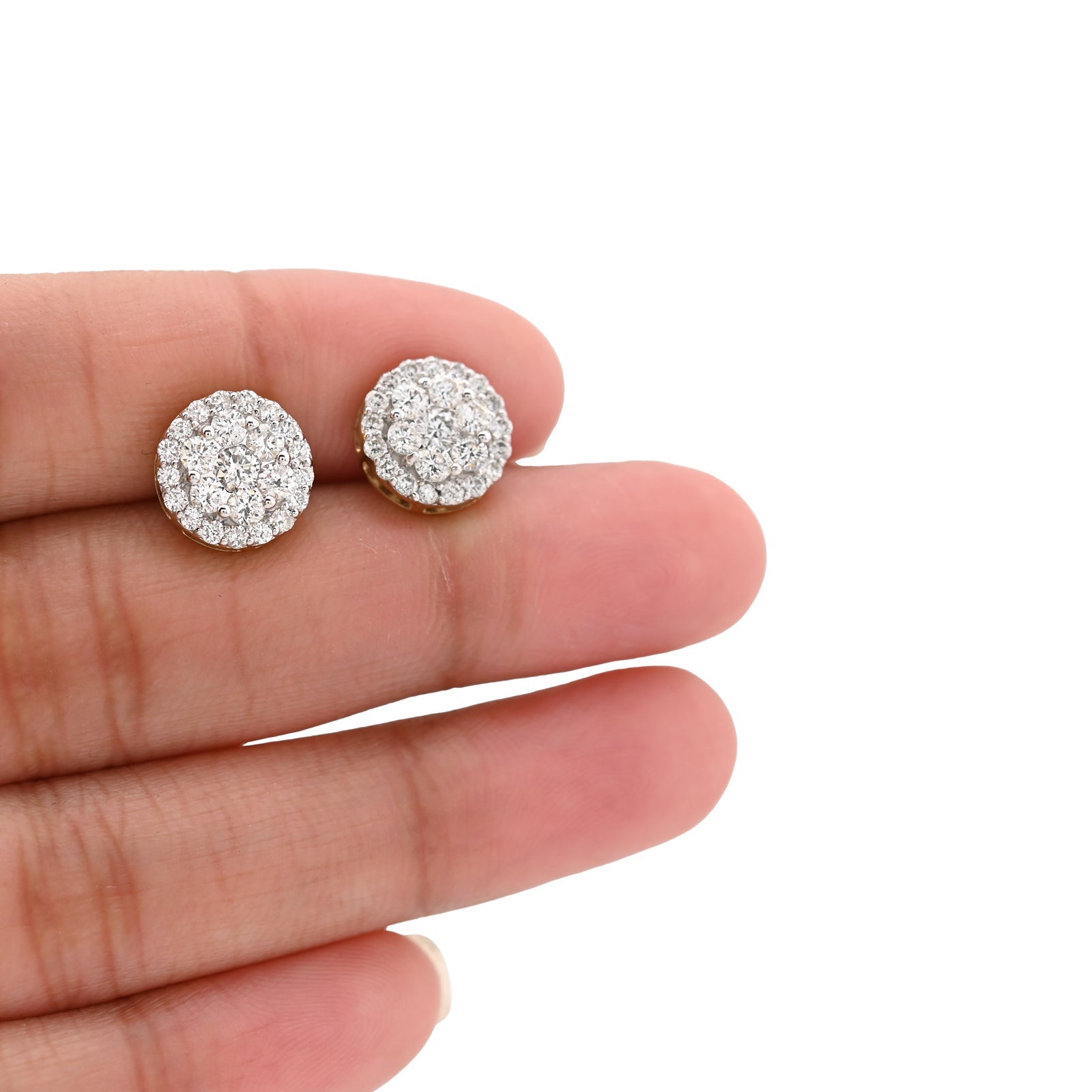 10K Yellow Gold 1.37CT Halo Cluster Flower Studs Natural Diamond Men Women Earrings - Elite Jewelers - Earrings