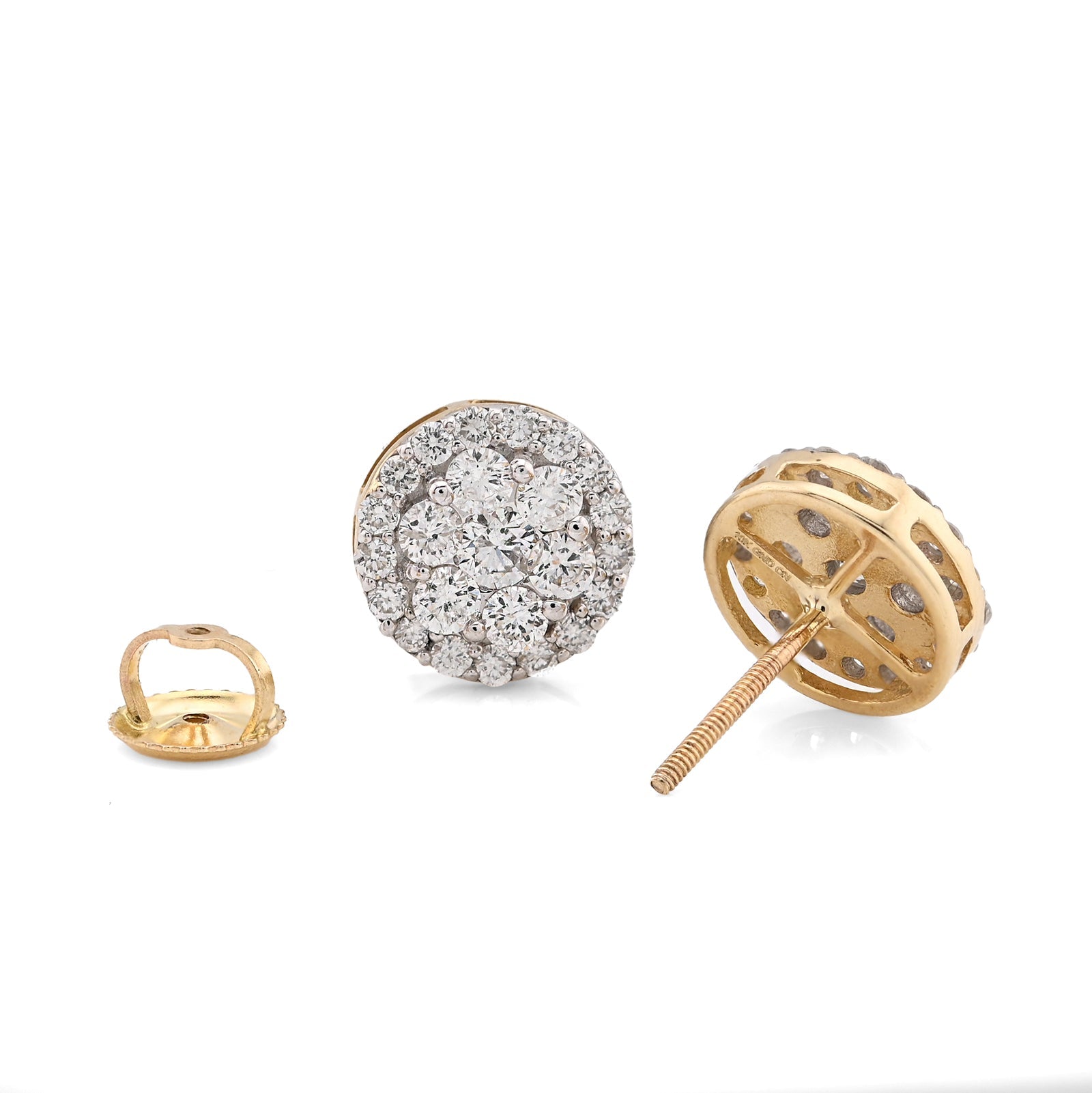 10K Yellow Gold 1.37CT Halo Cluster Flower Studs Natural Diamond Men Women Earrings - Elite Jewelers - Earrings