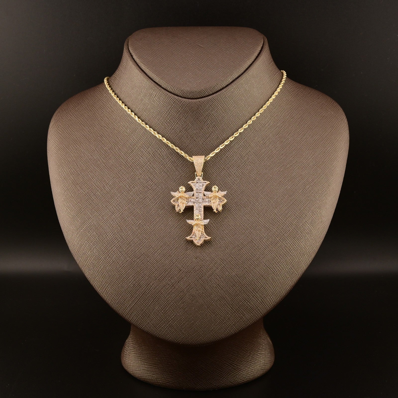 10k Yellow Gold 1.43CTW Round & Baguette Diamond Cross w/ 3 Angels 10.8g Charm - Elite Jewelers - Charms & Pendants