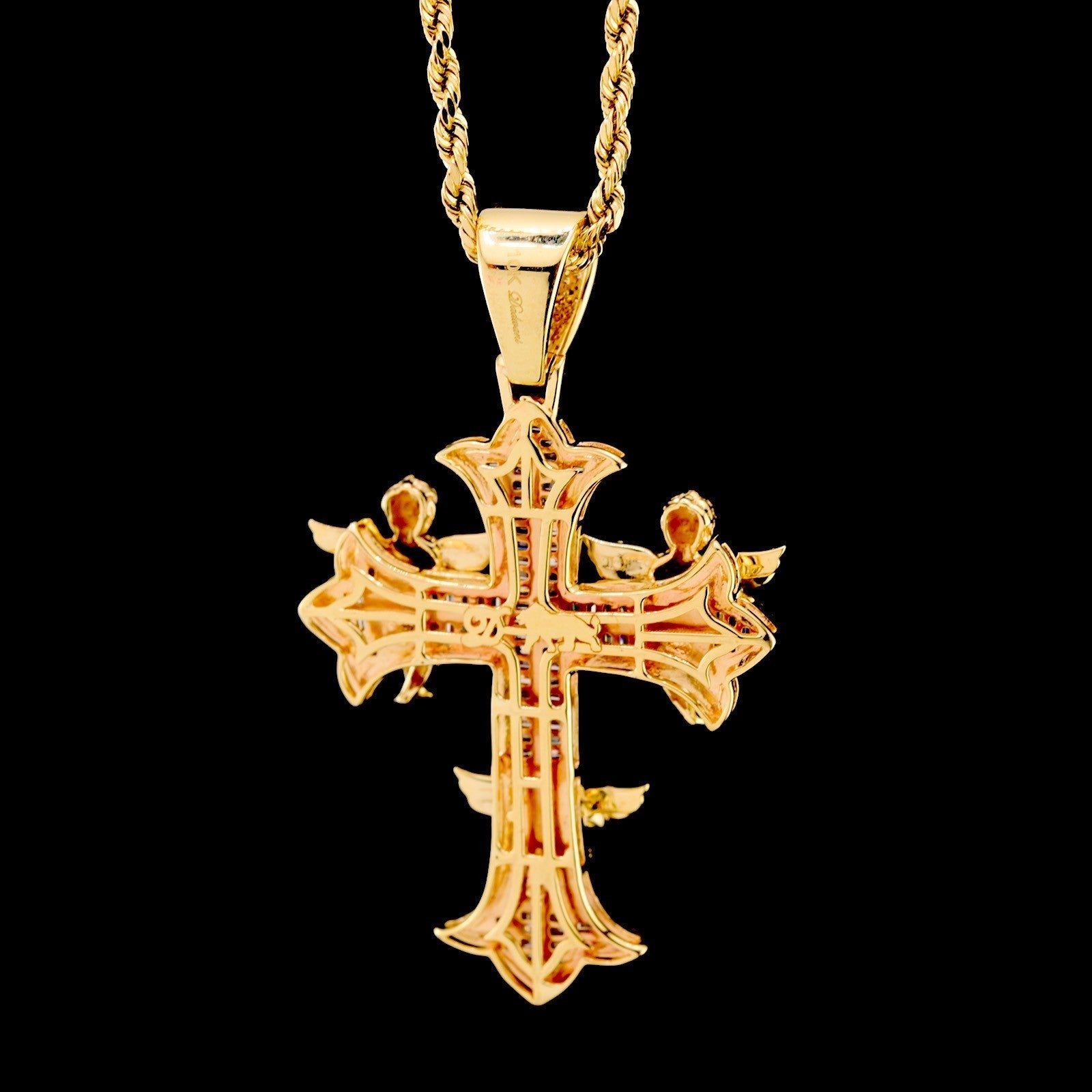 10k Yellow Gold 1.43CTW Round & Baguette Diamond Cross w/ 3 Angels 10.8g Charm - Elite Jewelers - Charms & Pendants
