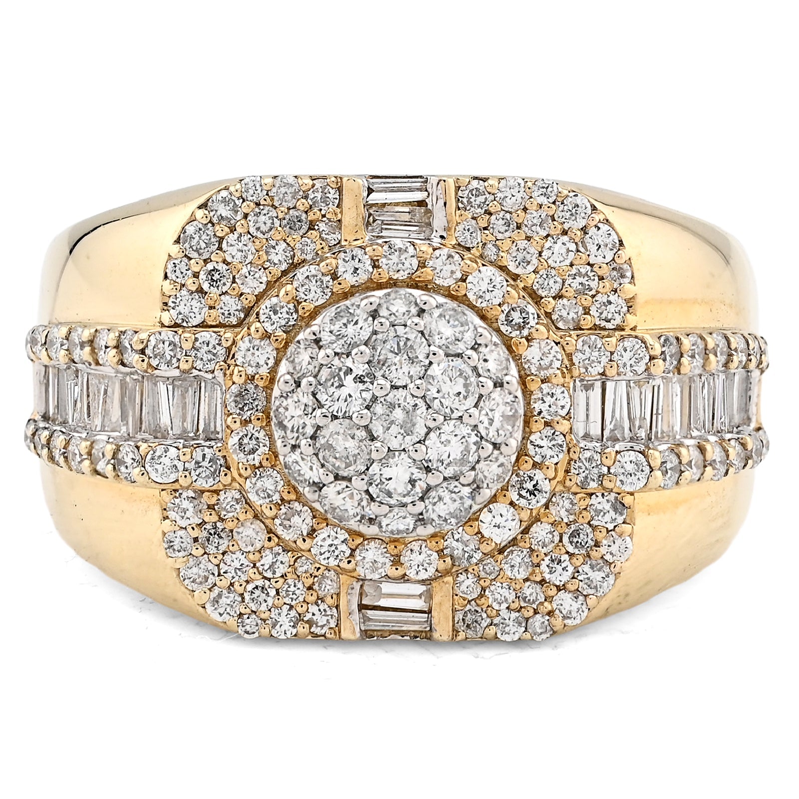 10K Yellow Gold 1.55CT Cluster Centre 4 Row Edge Baguette Natural Diamond Men Pinky Ring - Elite Jewelers - Rings
