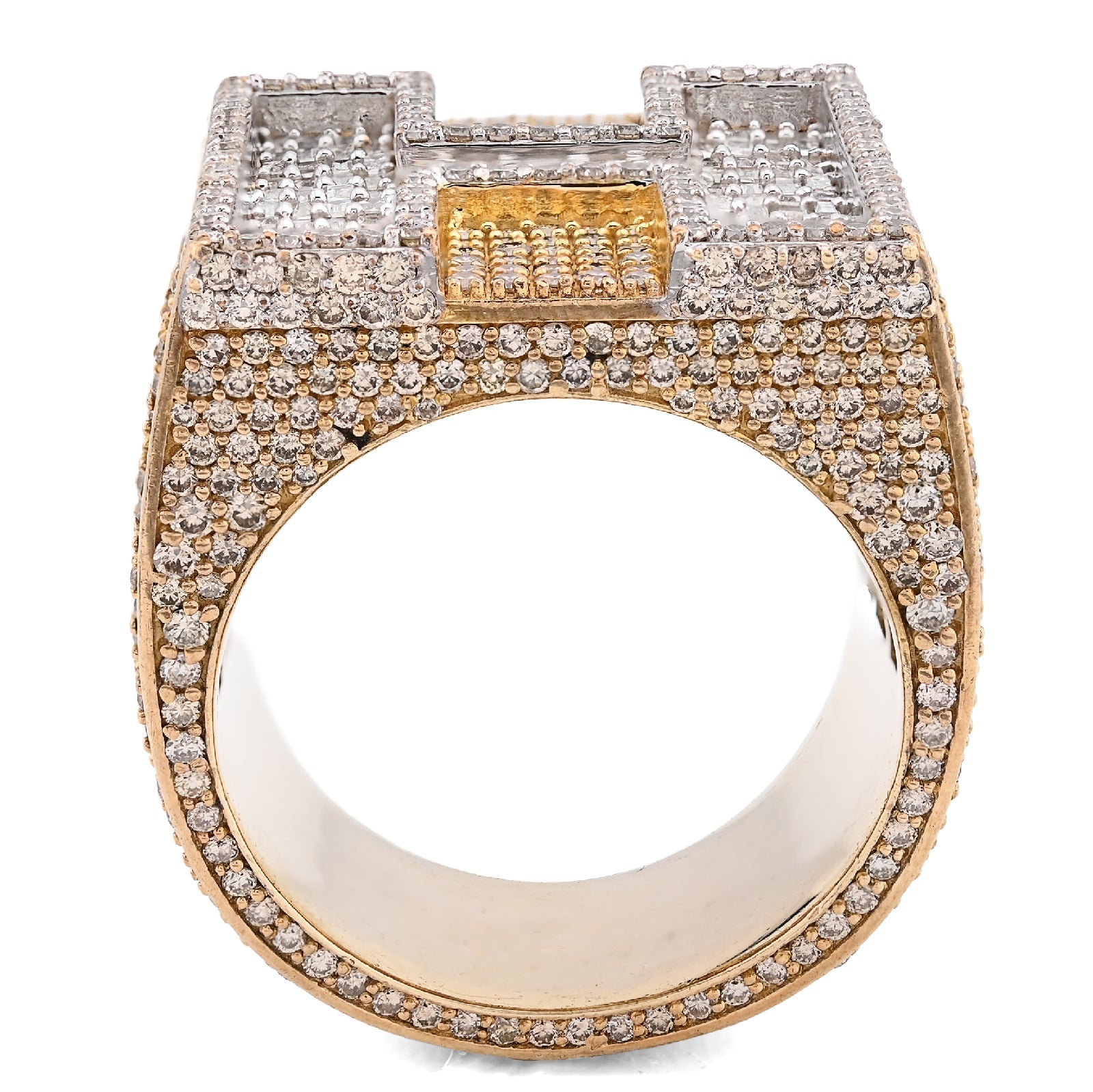 10K Yellow Gold 15.74CT Natural Diamond "H" Initial Men Ring 1.15" Wide 36.5g - Elite Jewelers - Rings