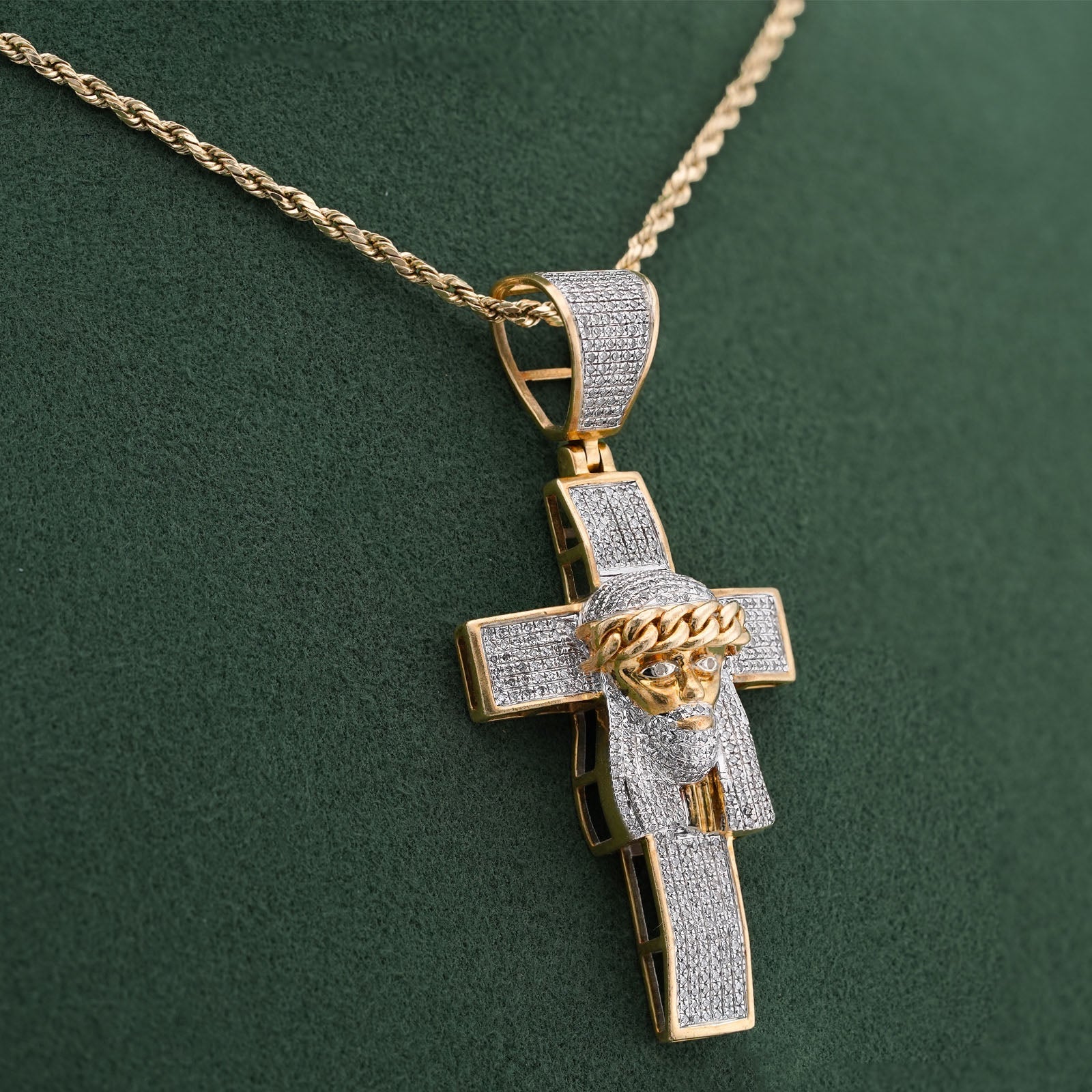 10K Yellow Gold 1.5CT Cross w/ Jesus Head Natural Diamond Cham - Elite Jewelers-Charms & Pendants