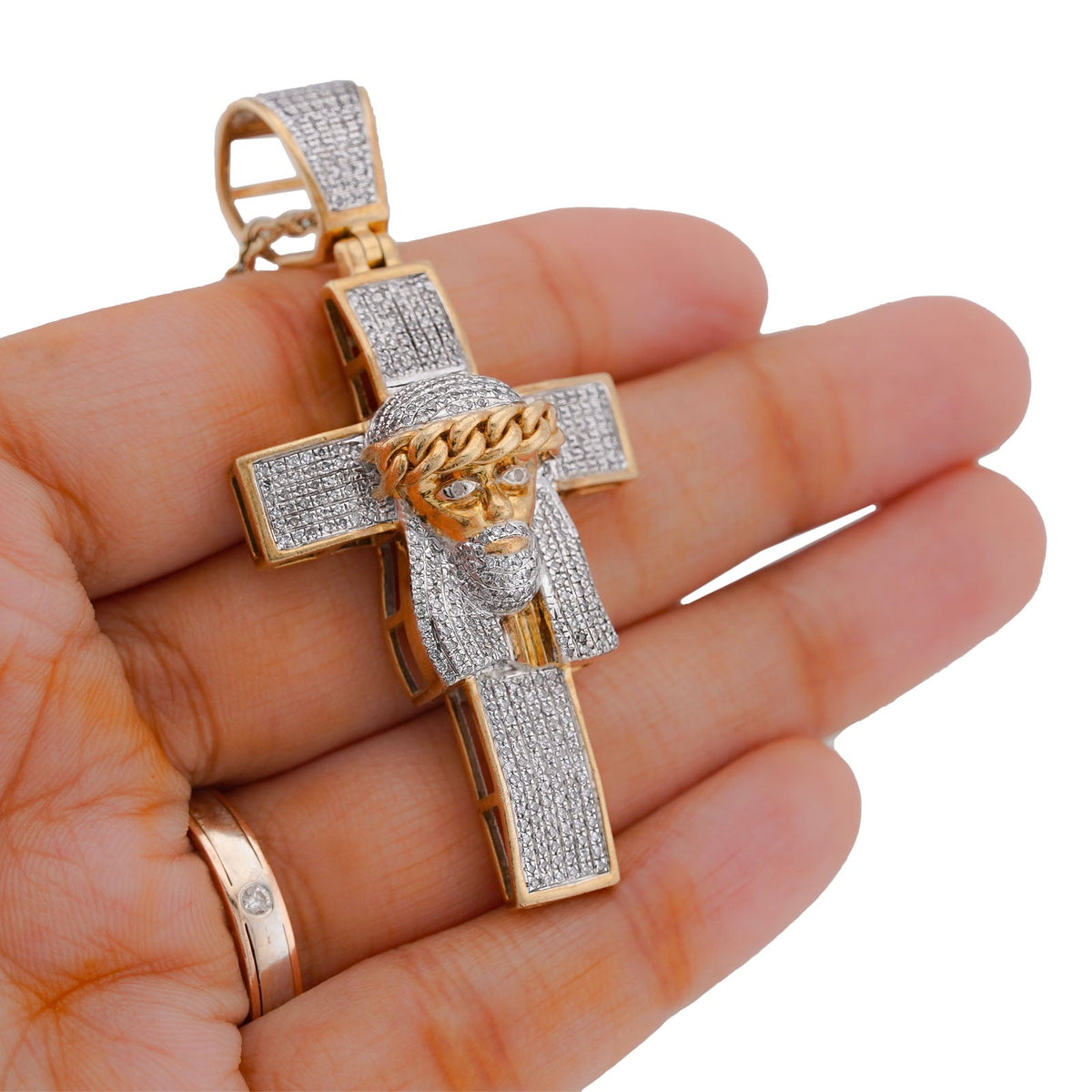 10K Yellow Gold 1.5CT Cross w/ Jesus Head Natural Diamond Cham - Elite Jewelers-Charms & Pendants