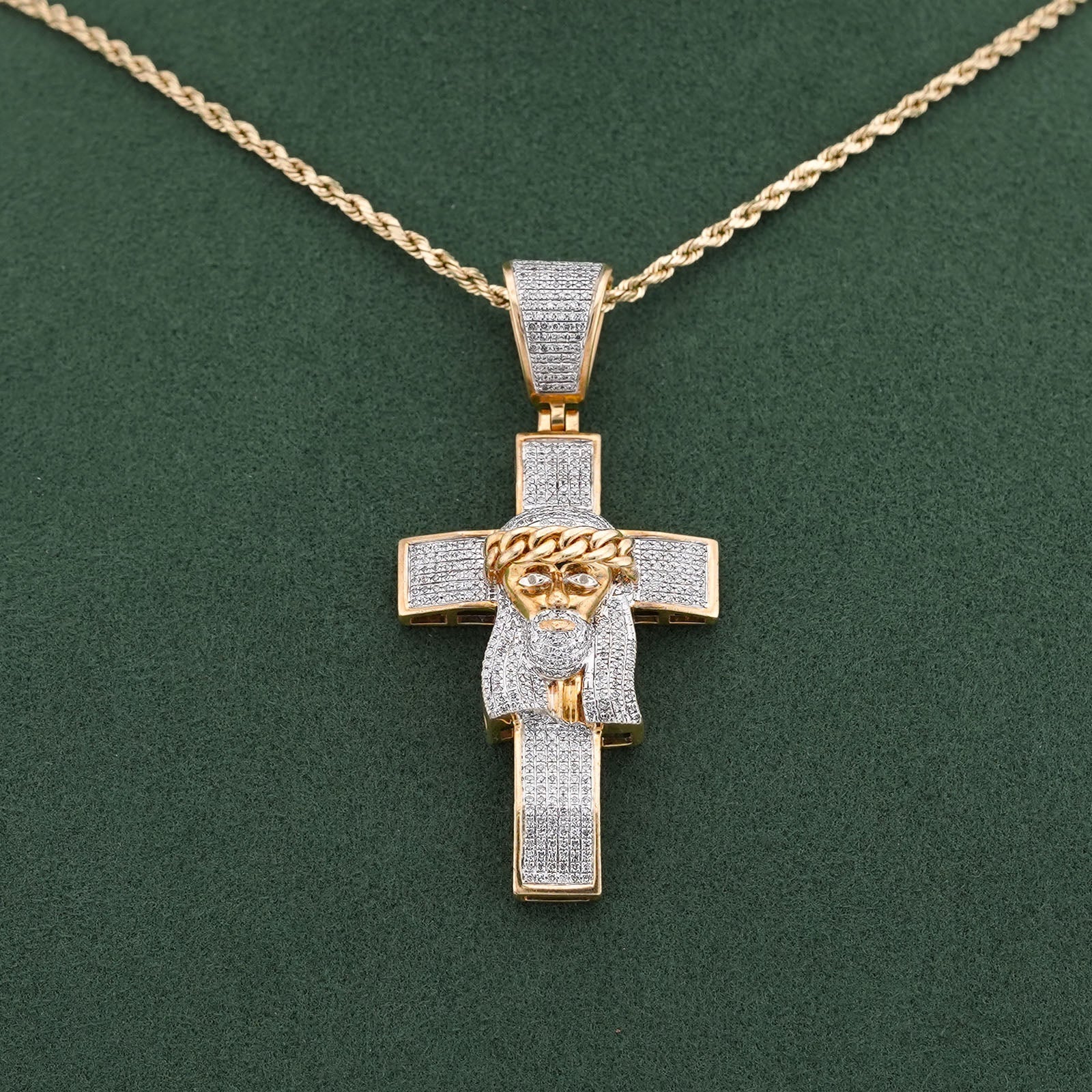 10K Yellow Gold 1.5CT Cross w/ Jesus Head Natural Diamond Cham - Elite Jewelers-Charms & Pendants