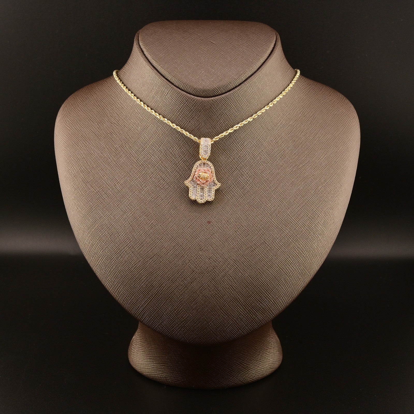 10k Yellow Gold 1.5CTW Round/Baguette Diamond Hamsa Hand Rose Pendant 7.7g Charm - Elite Jewelers - Charms & Pendants