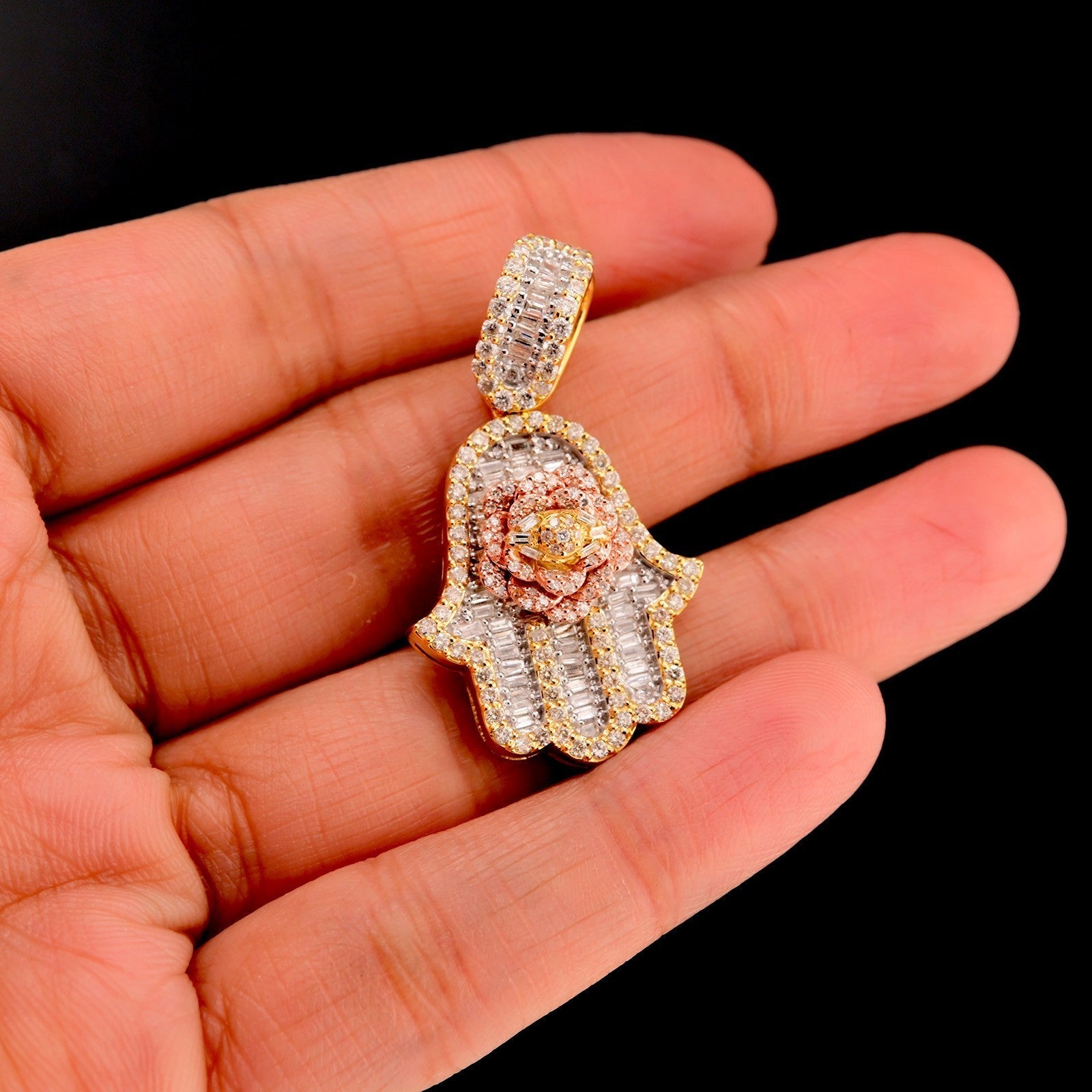 10k Yellow Gold 1.5CTW Round/Baguette Diamond Hamsa Hand Rose Pendant 7.7g Charm - Elite Jewelers - Charms & Pendants
