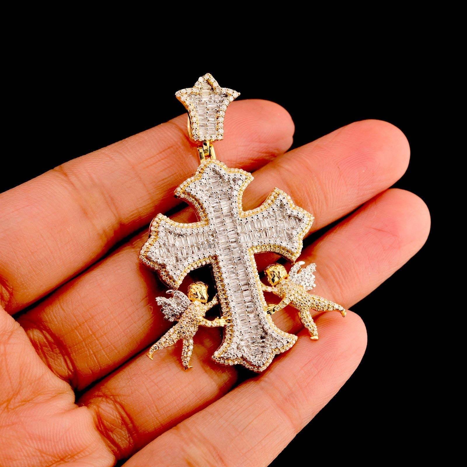 10k Yellow Gold 1.65CT Round/Baguette Diamond Cross w/ Angel Pendant 10.9g Charm - Elite Jewelers - Charms & Pendants