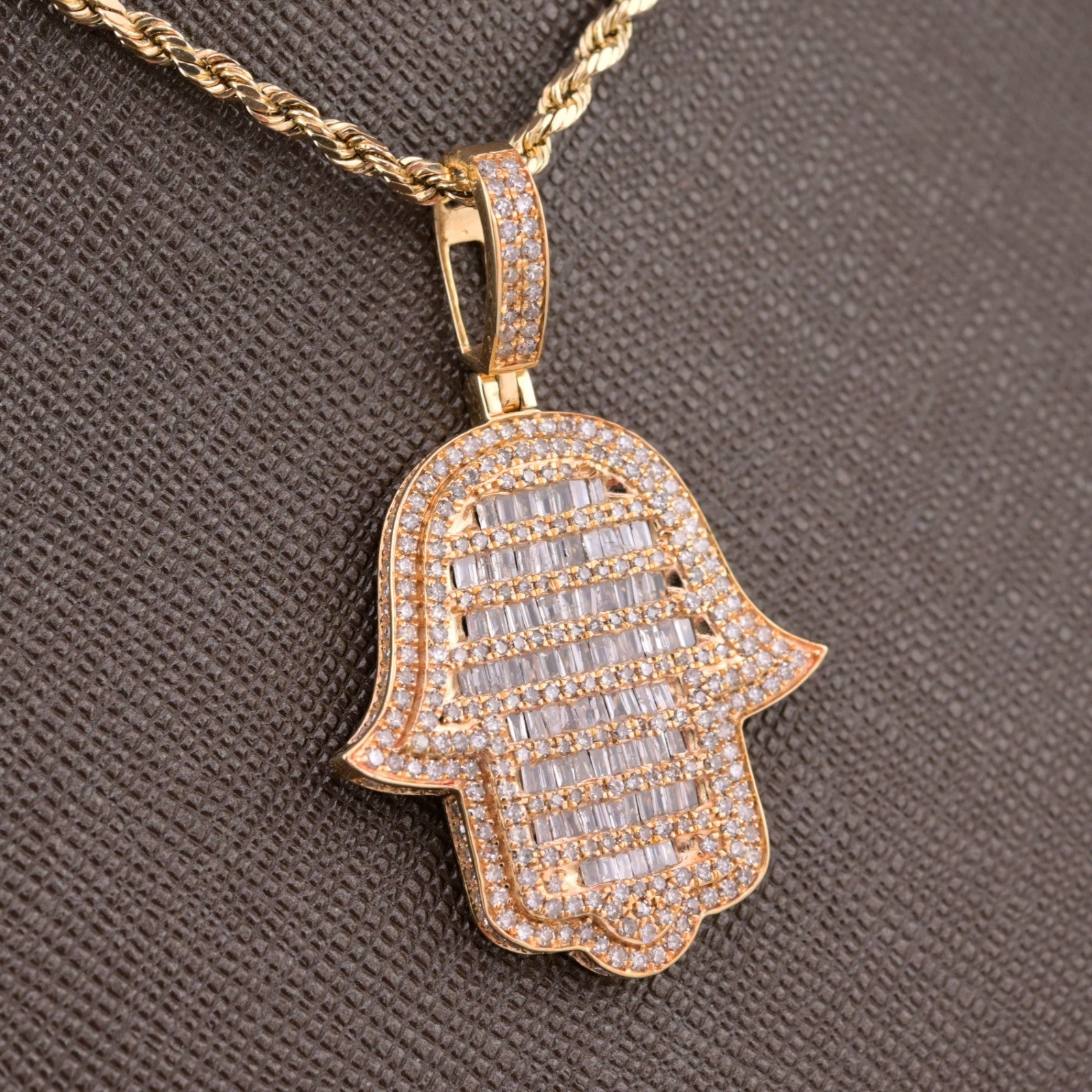 10k Yellow Gold 1.65CTW Round/Baguette Diamond Hamsa Hand Pendant Charm 6.4gms - Elite Jewelers - Charms & Pendants