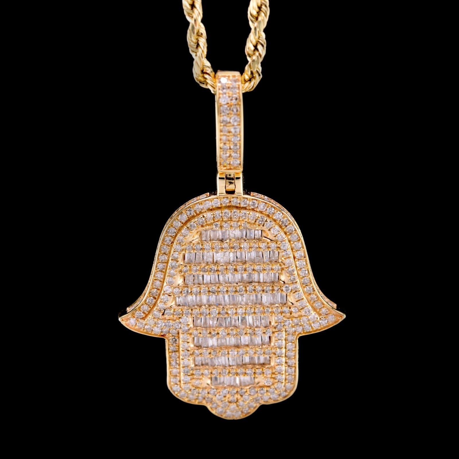 10k Yellow Gold 1.65CTW Round/Baguette Diamond Hamsa Hand Pendant Charm 6.4gms - Elite Jewelers - Charms & Pendants