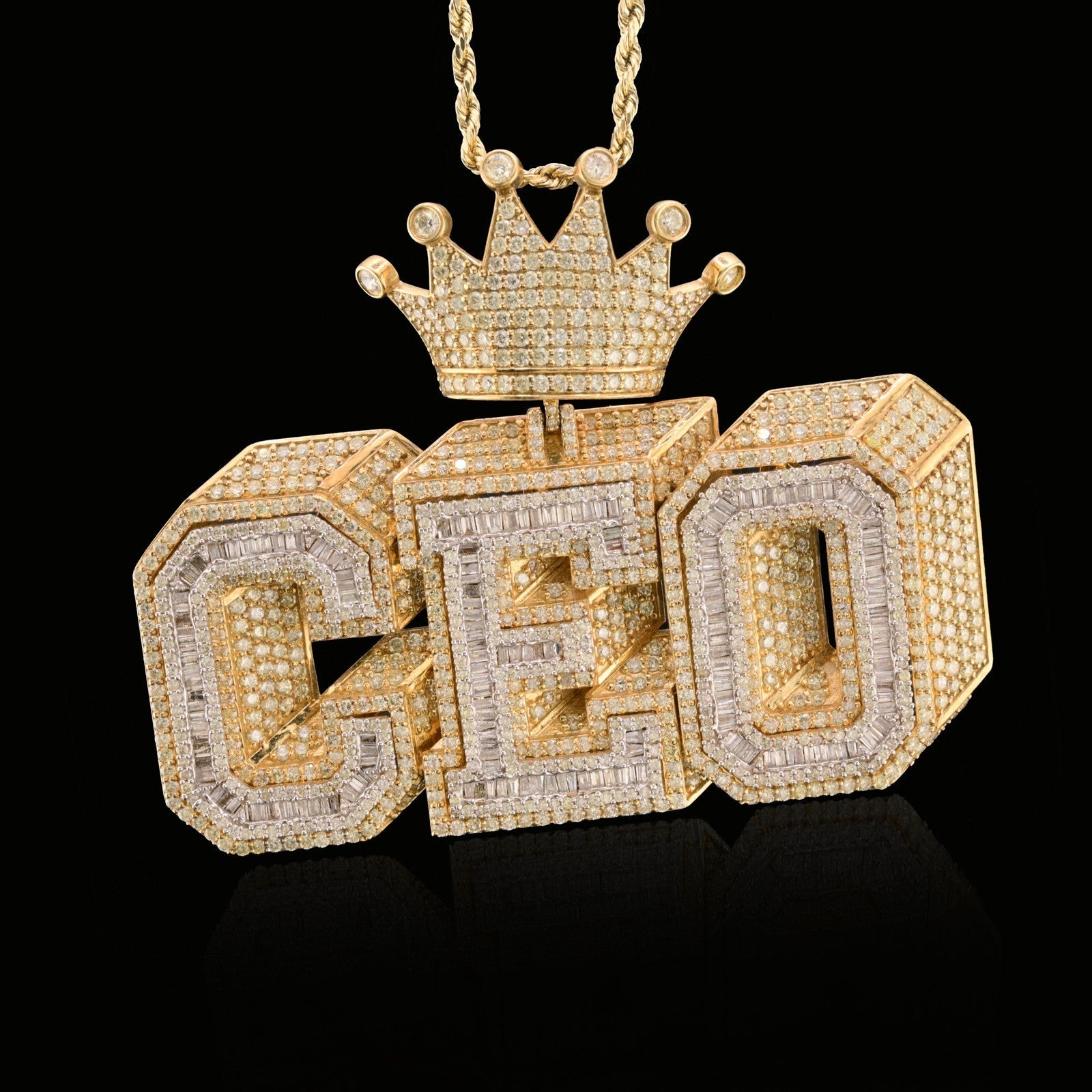 10k Yellow Gold 16CTW Round/Baguette Diamond CEO w/ Crown Bail Pendant 46.8gms - Elite Jewelers - Charms & Pendants