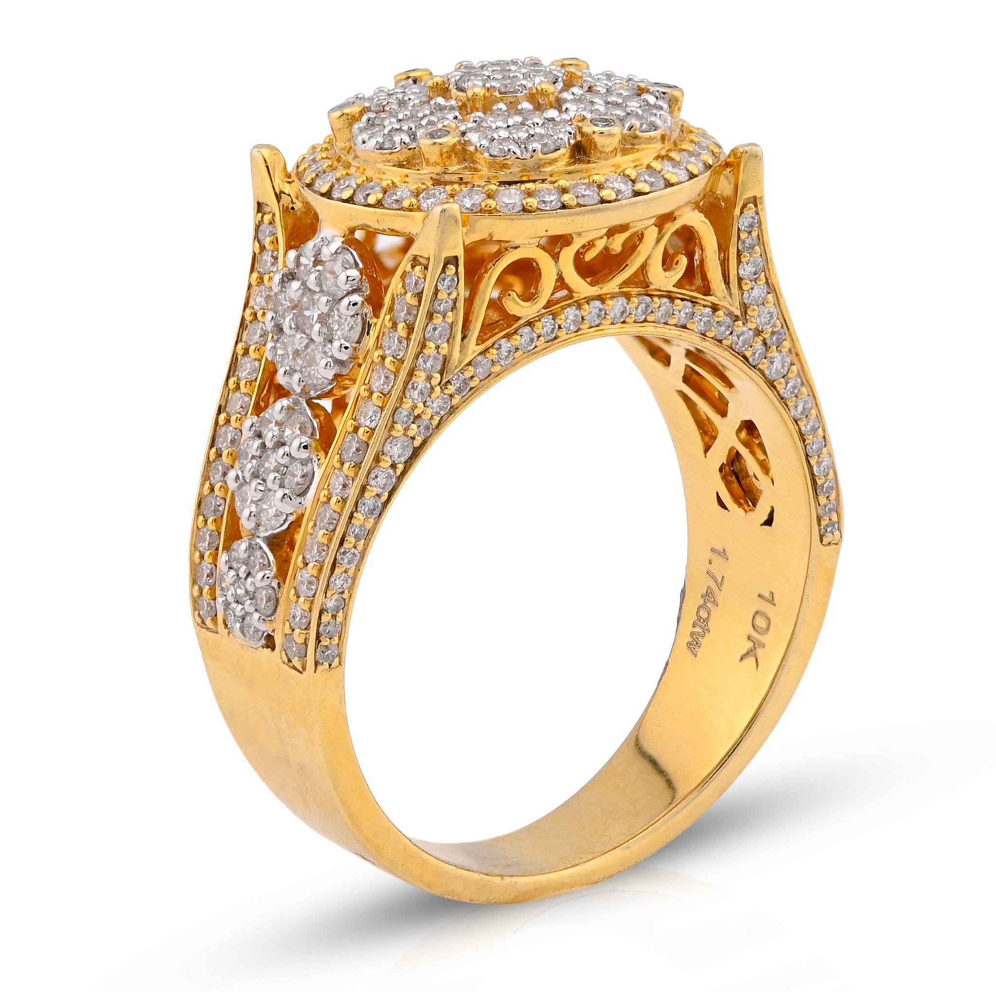 10K Yellow Gold 1.75CT Natural Diamond Round Halo Flower Cluster Side Iced Men Pinky Ring - Elite Jewelers - Rings