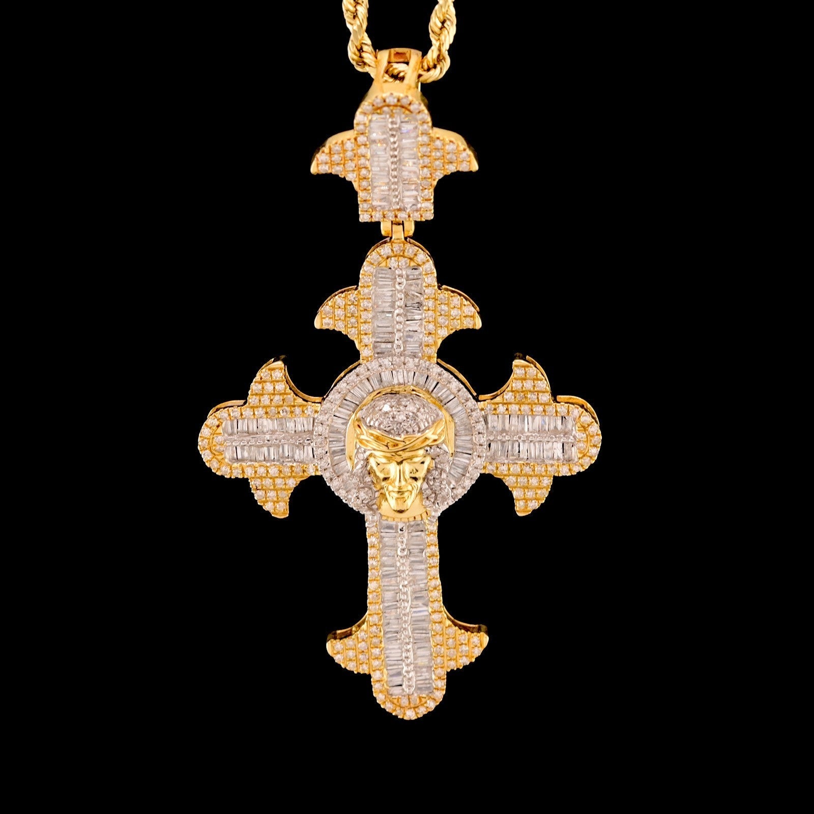 10k Yellow Gold 1.85CT Round/Baguette Diamond Cross w/ Jesus Pendant 10.8g Charm - Elite Jewelers - Charms & Pendants