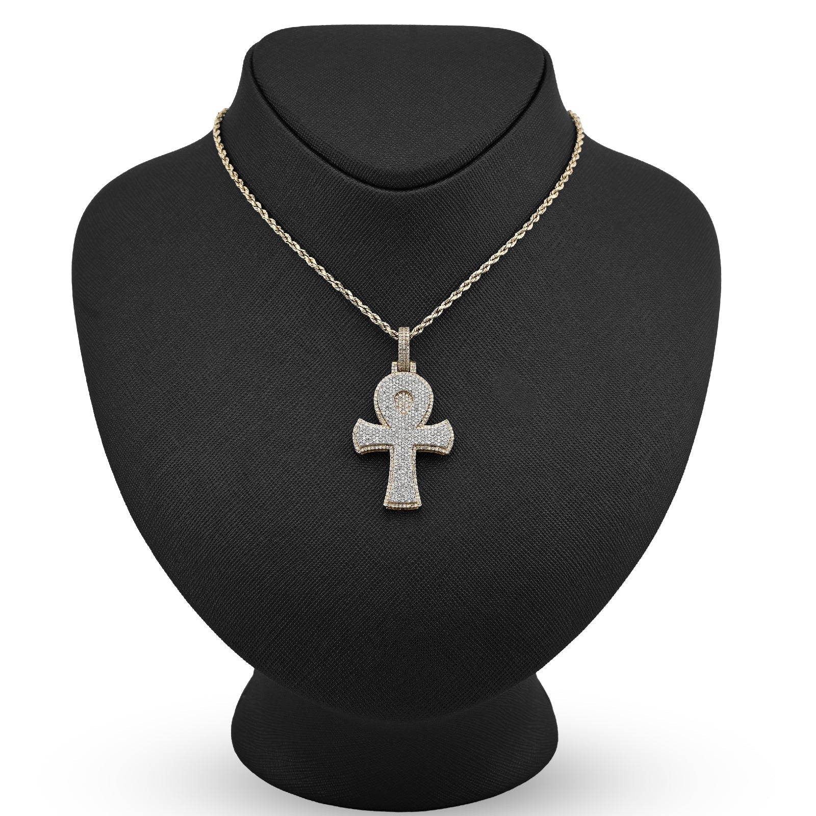 10K Yellow Gold 1.86 CT Natural Diamond 1.95" Egyptian Ankh Pendant Men Women Charm 7.9 g - Elite Jewelers - Charms & Pendants