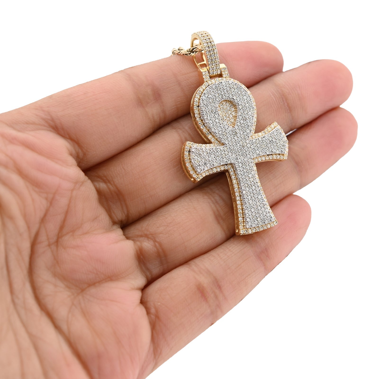 10K Yellow Gold 1.86 CT Natural Diamond 1.95" Egyptian Ankh Pendant Men Women Charm 7.9 g - Elite Jewelers - Charms & Pendants