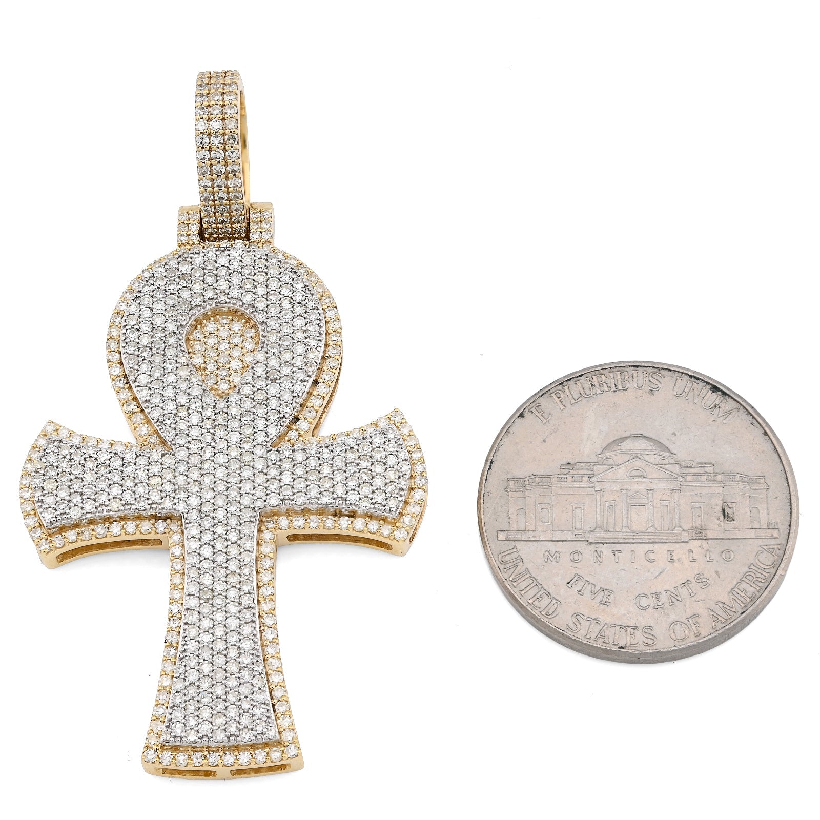 10K Yellow Gold 1.86 CT Natural Diamond 1.95" Egyptian Ankh Pendant Men Women Charm 7.9 g - Elite Jewelers - Charms & Pendants