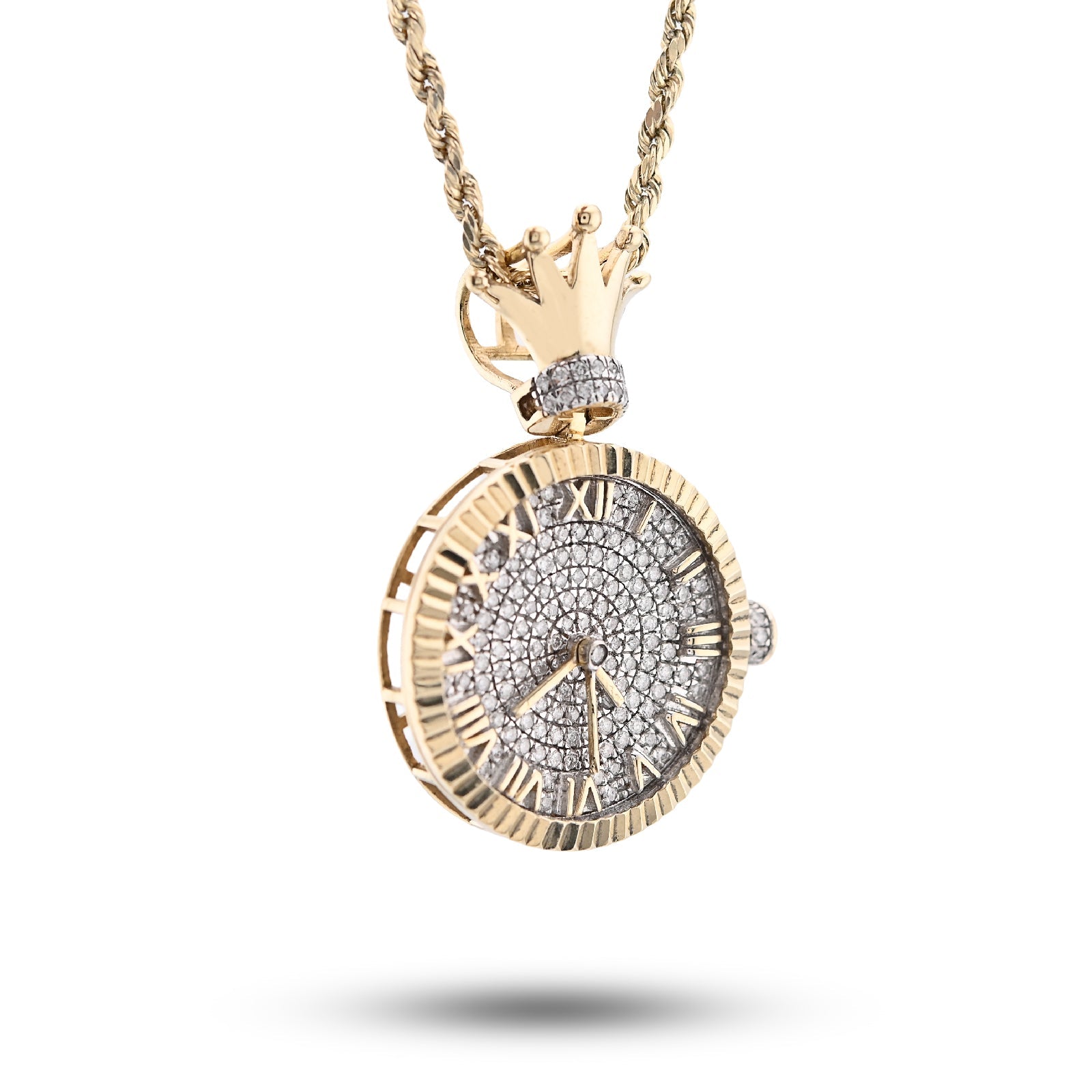 10K Yellow Gold 1CT Natural Diamond 1CT Clock Roman Dial Crown Pendant Men Women Charm - Elite Jewelers - Charms & Pendants