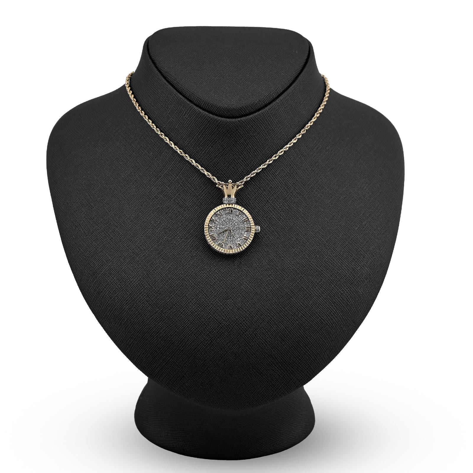 10K Yellow Gold 1CT Natural Diamond 1CT Clock Roman Dial Crown Pendant Men Women Charm - Elite Jewelers - Charms & Pendants