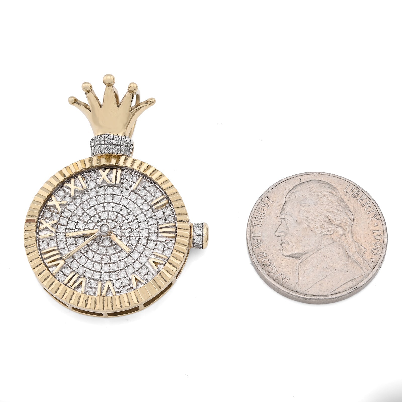 10K Yellow Gold 1CT Natural Diamond 1CT Clock Roman Dial Crown Pendant Men Women Charm - Elite Jewelers - Charms & Pendants