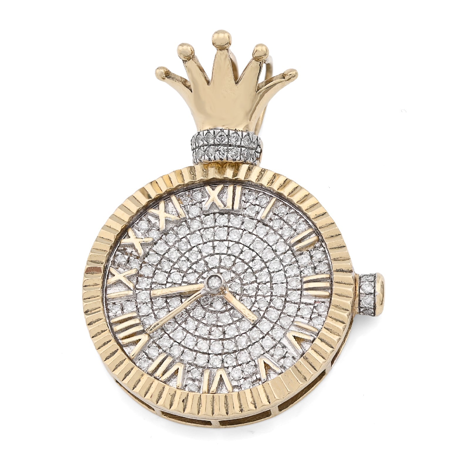 10K Yellow Gold 1CT Natural Diamond 1CT Clock Roman Dial Crown Pendant Men Women Charm - Elite Jewelers - Charms & Pendants