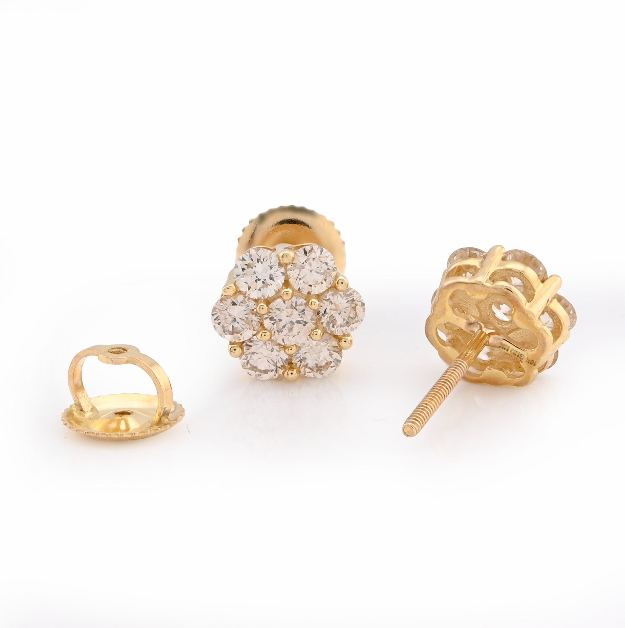 10K Yellow Gold 1CT Natural Diamond 7 Stone Flower Studs Men Women Earrings - Elite Jewelers - Earrings