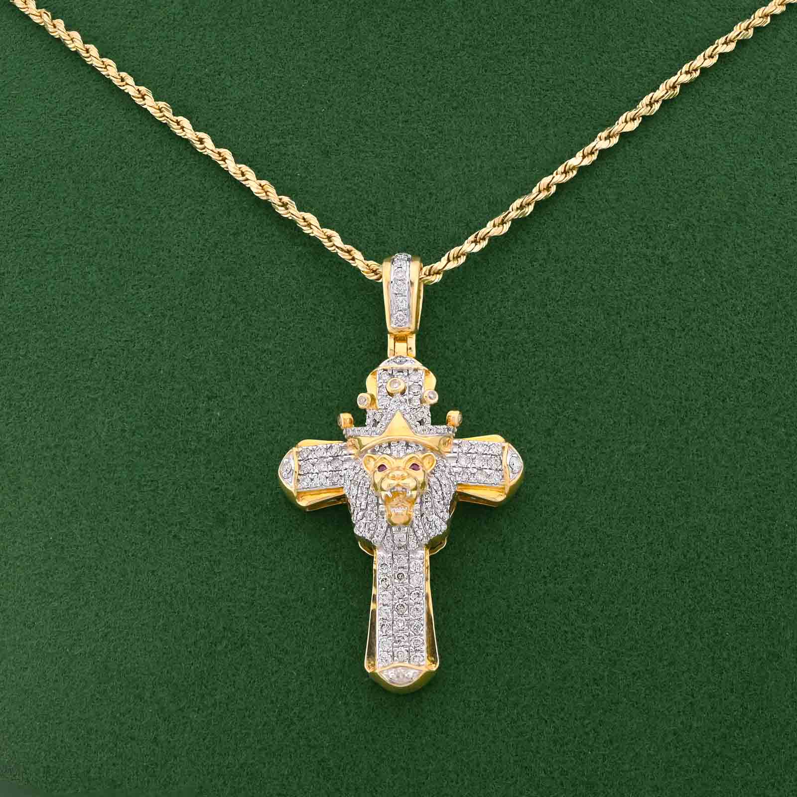 10K Yellow Gold 1CT Natural Diamond Cross Pendant Lion Face w/ Crown Centre Men Pendant - Elite Jewelers-Charms & Pendants