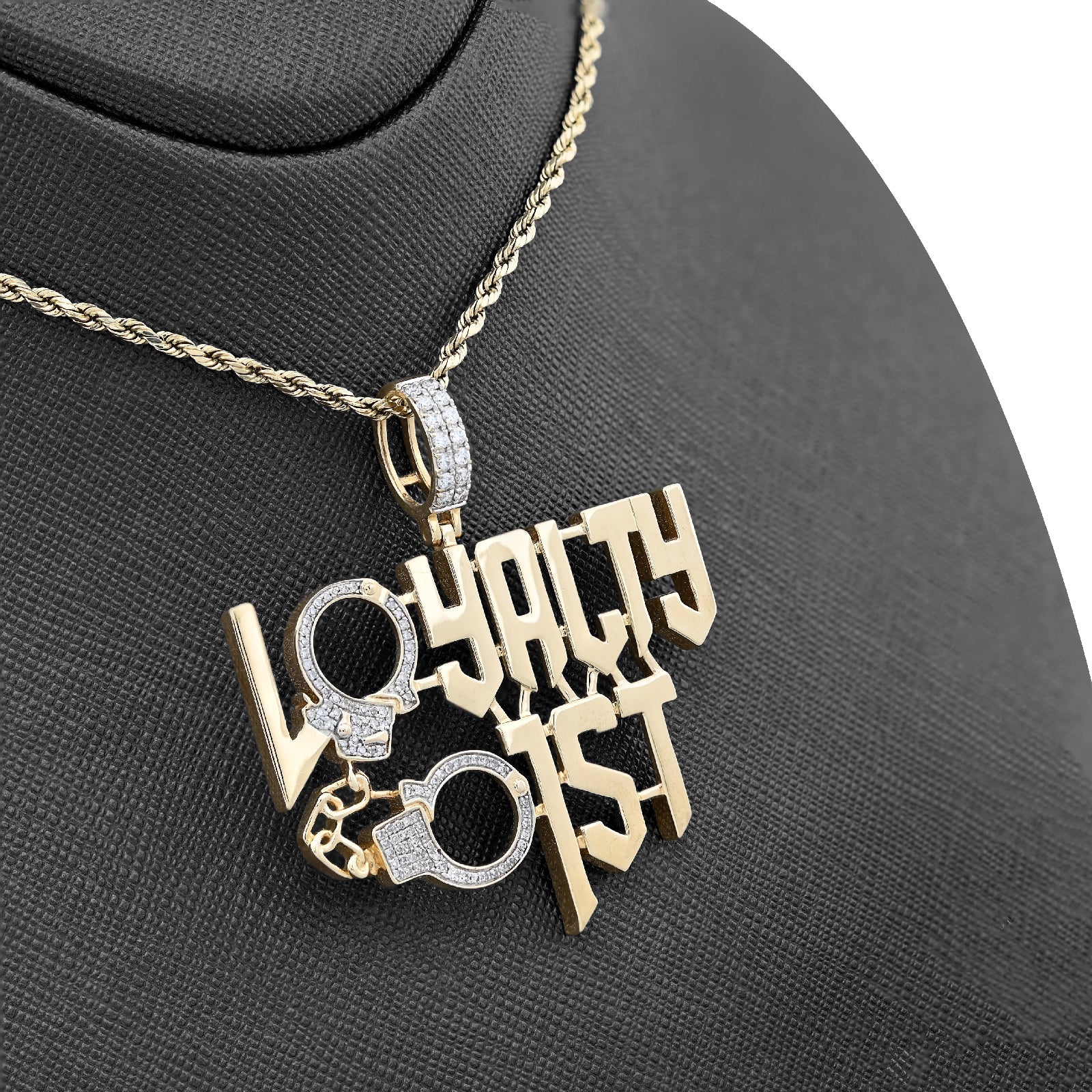 10K Yellow Gold 1CT Natural Round Diamond "Loyalty First" Men Custom Charm 2" Pendnat - Elite Jewelers - Charms & Pendants