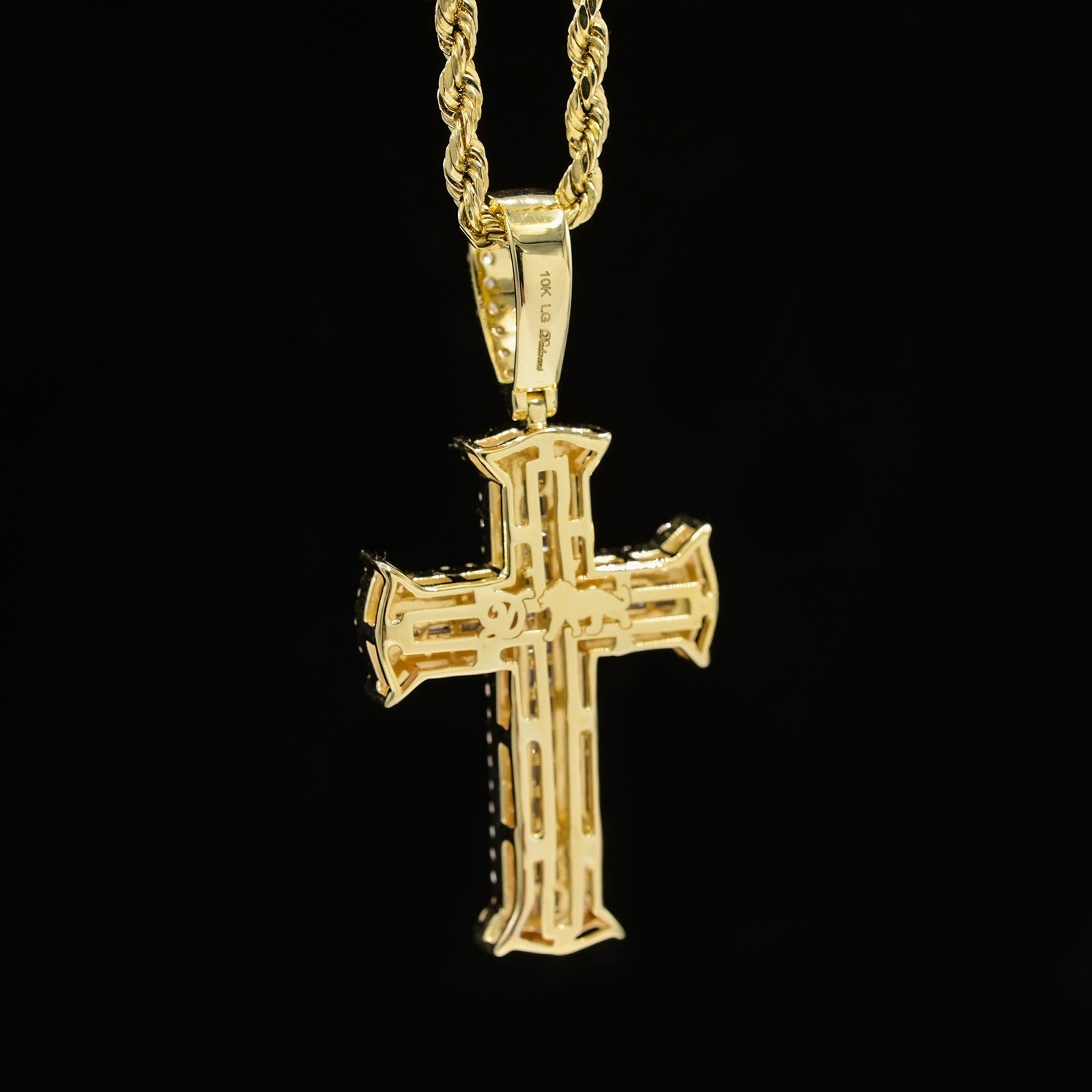 10k Yellow Gold 1CTW Lab Round/Baguette Diamond 2 Layer Cross Pendant 4g Charm - Elite Jewelers - Charms & Pendants