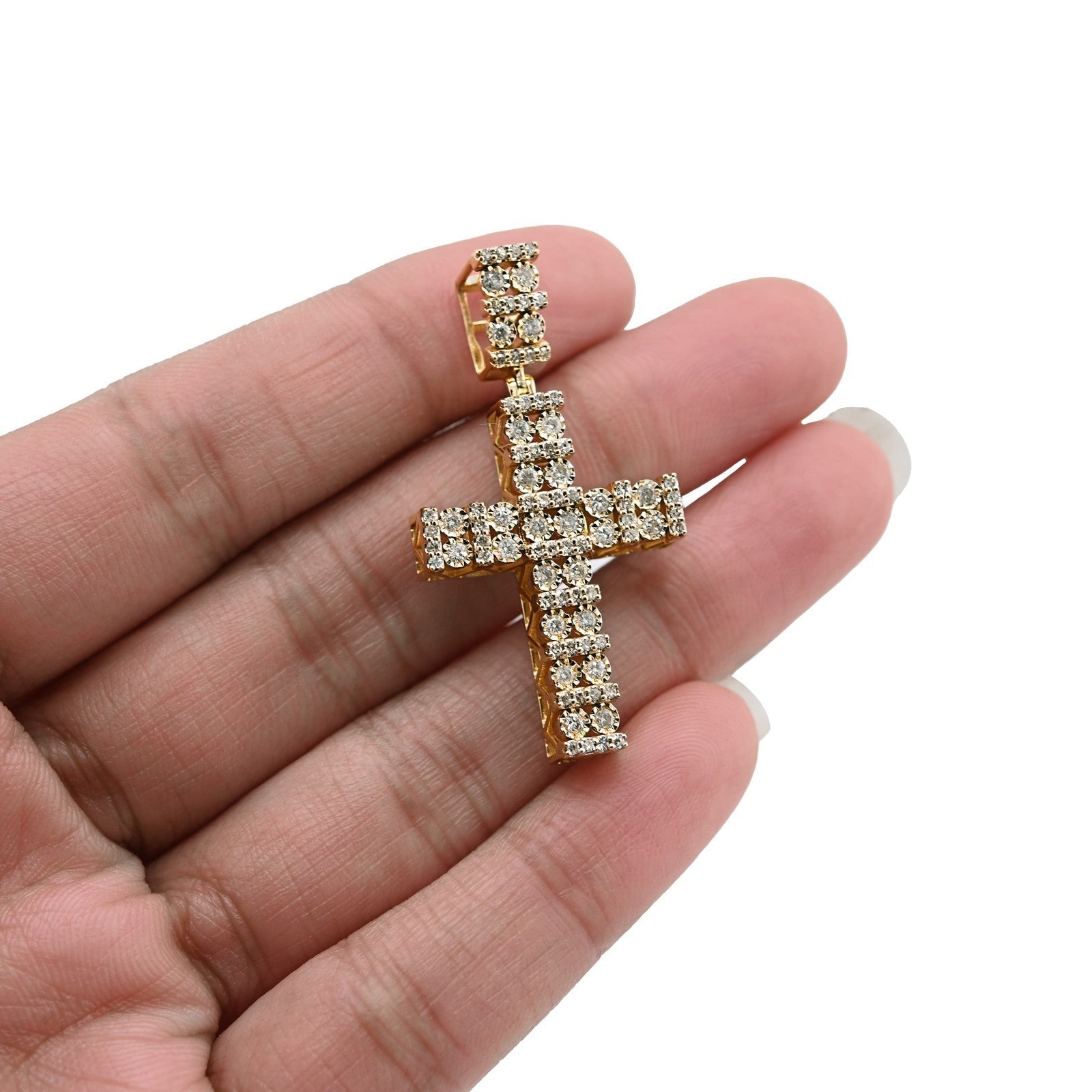 10k Yellow Gold 1CTW Pure Diamond Double Cluster Cross Pendant 6g Cageback Charm - Elite Jewelers - Charms & Pendants