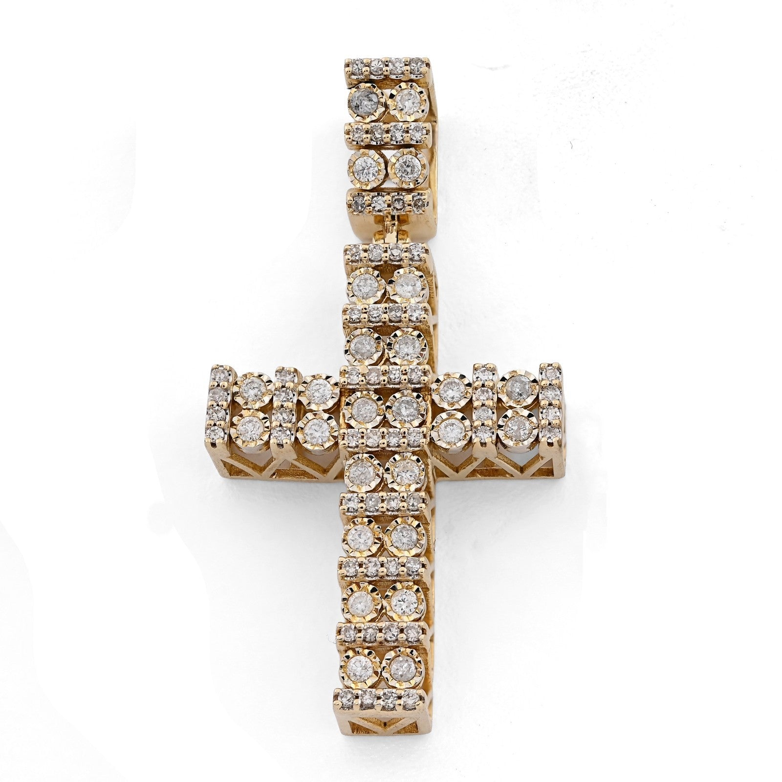 10k Yellow Gold 1CTW Pure Diamond Double Cluster Cross Pendant 6g Cageback Charm - Elite Jewelers - Charms & Pendants