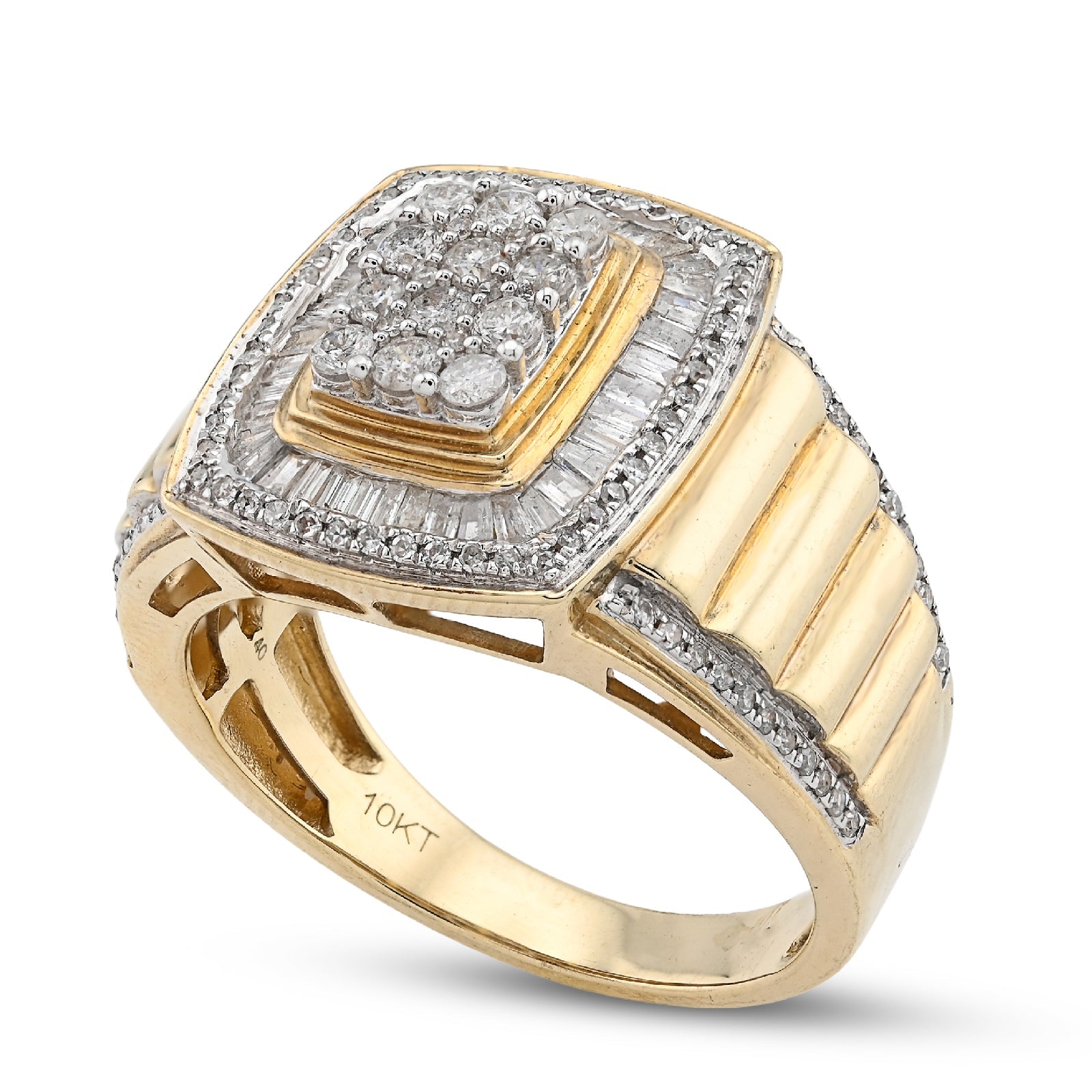 10K yellow Gold 2 Layer Rectangle Shape Round/Baguette 1.0CT Natural Diamond Men Pinky Ring - Elite Jewelers - Rings
