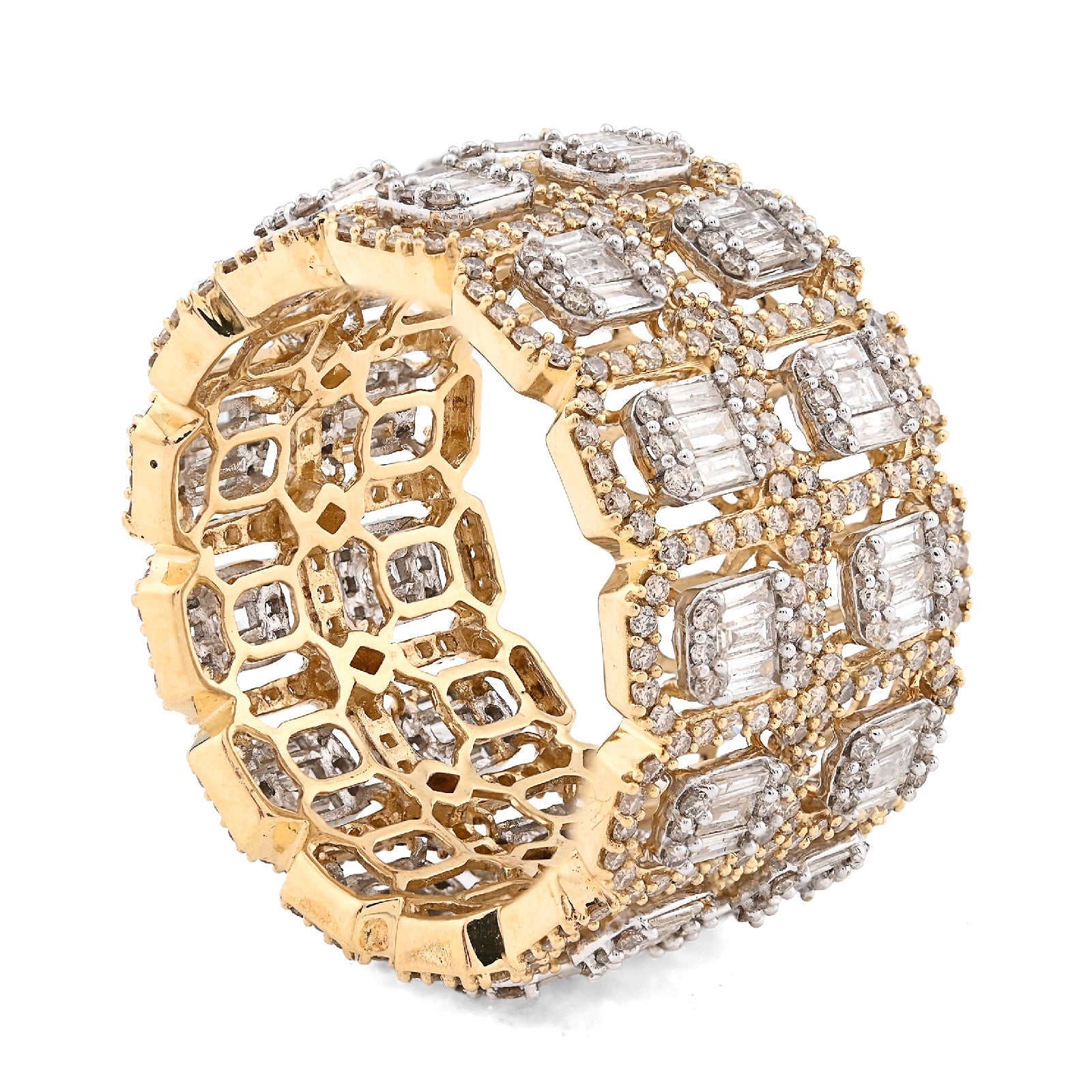 10K Yellow Gold 2 Row Round/Baguette 7CT Natural Diamond All Iced Men Ring - Elite Jewelers - Rings