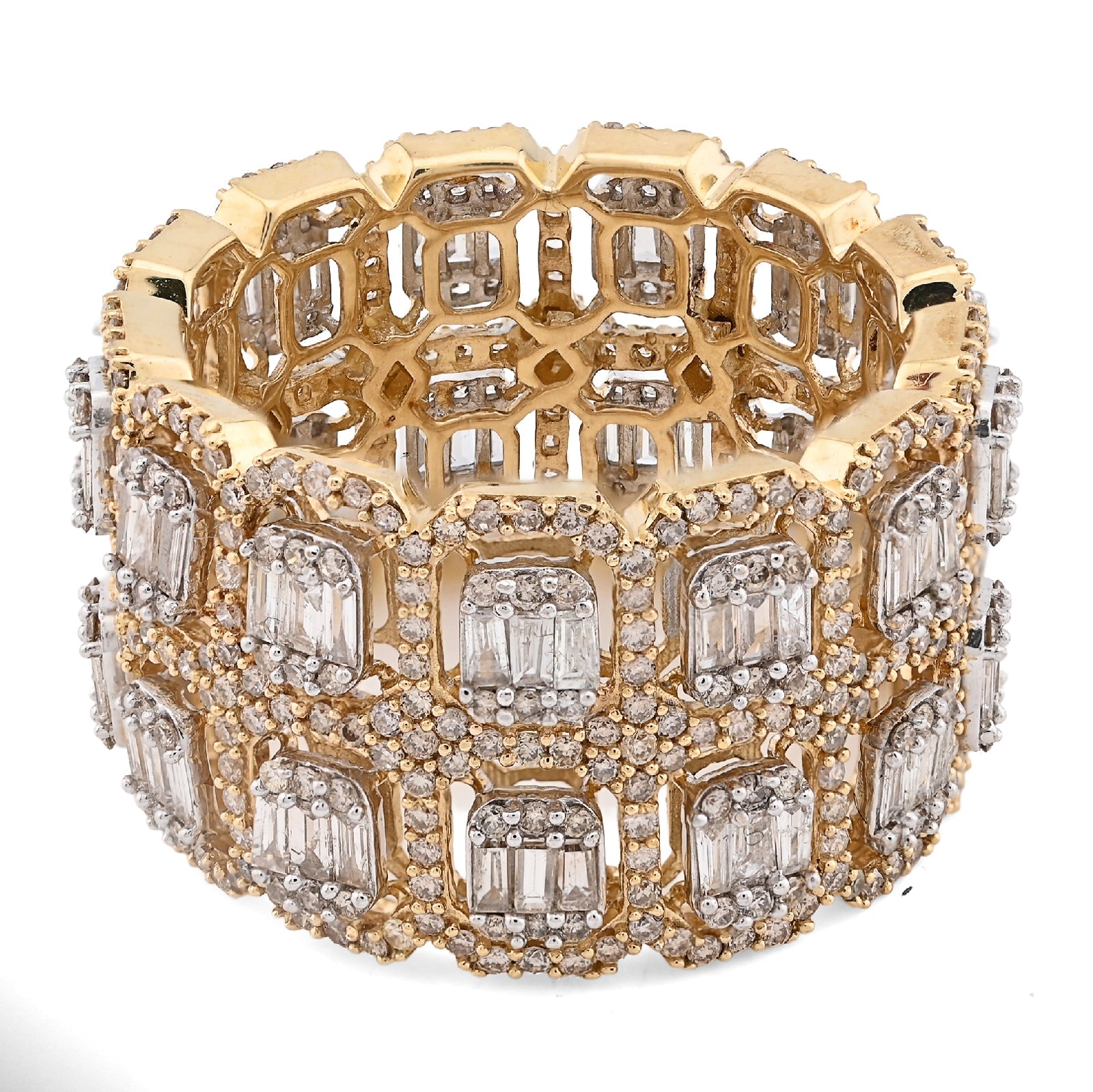 10K Yellow Gold 2 Row Round/Baguette 7CT Natural Diamond All Iced Men Ring - Elite Jewelers - Rings