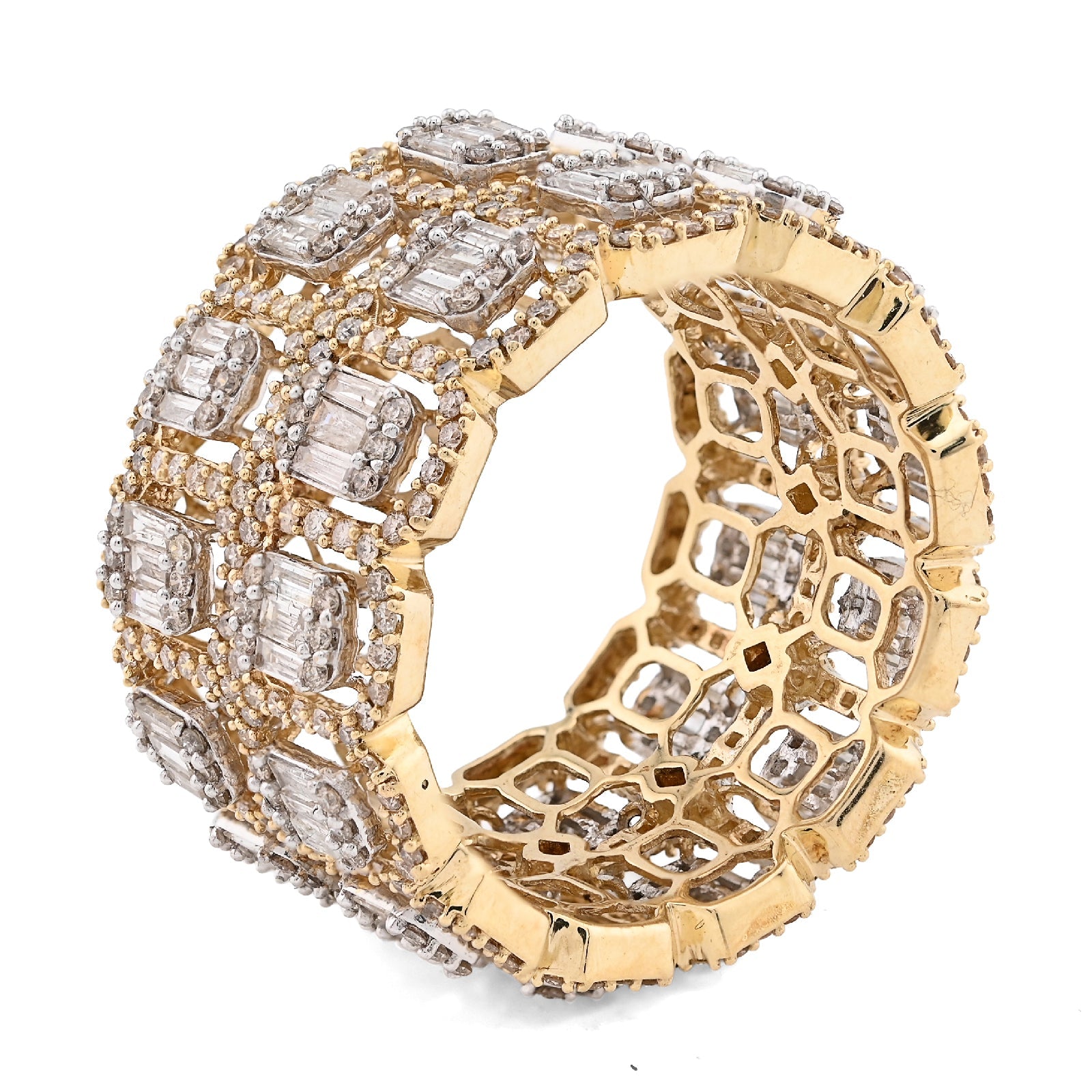 10K Yellow Gold 2 Row Round/Baguette 7CT Natural Diamond All Iced Men Ring - Elite Jewelers - Rings
