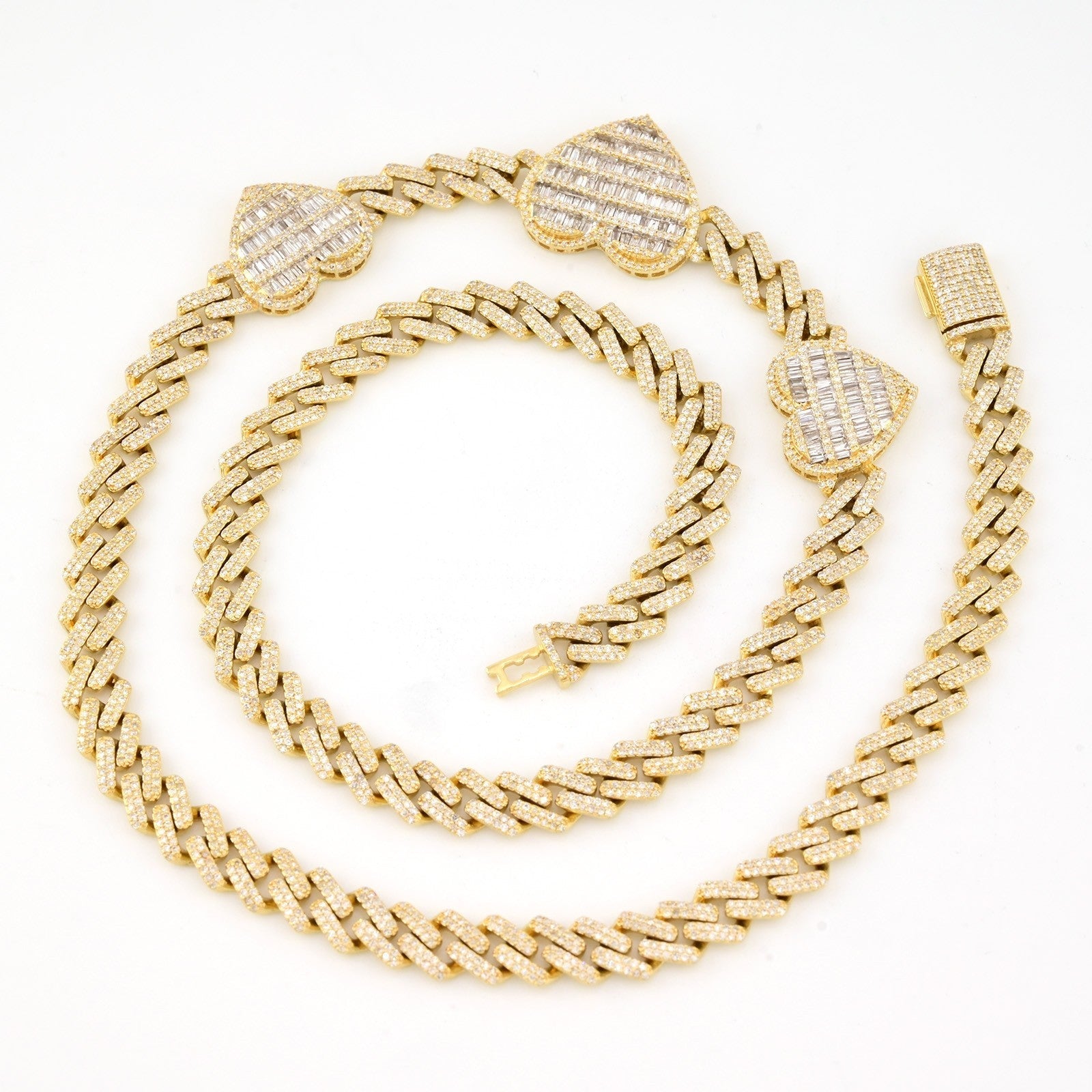 10k Yellow Gold 20 Inch 6.6CTW Baguette Diamond Heart Cuban Link Chain 42.6g - Elite Jewelers - Necklaces & Chains