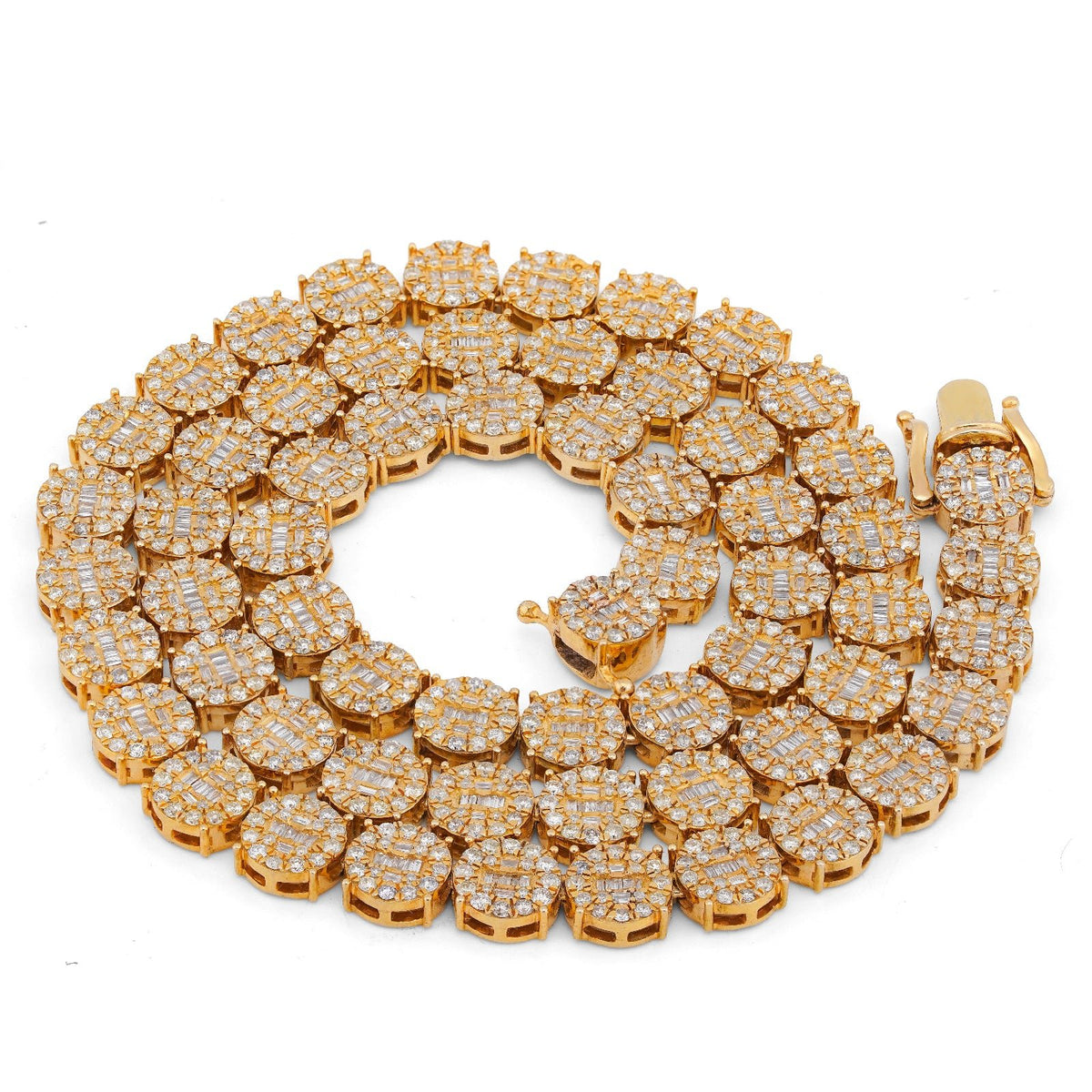 10K Yellow Gold 20CT Natural Round/Baguette Diamond 8MM Flower Cluster Tennis Chain - Elite Jewelers-Necklaces