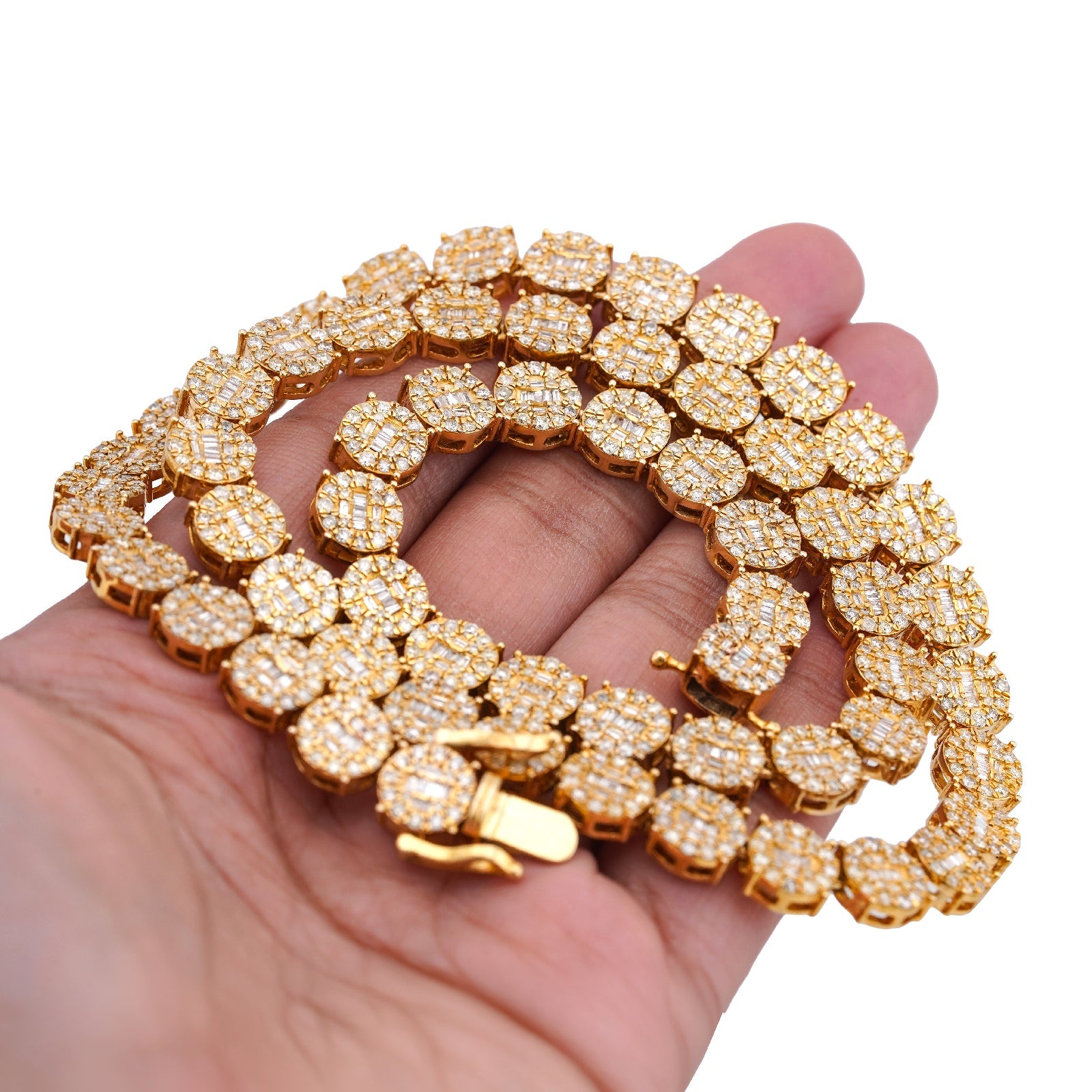 10K Yellow Gold 20CT Natural Round/Baguette Diamond 8MM Flower Cluster Tennis Chain - Elite Jewelers-Necklaces