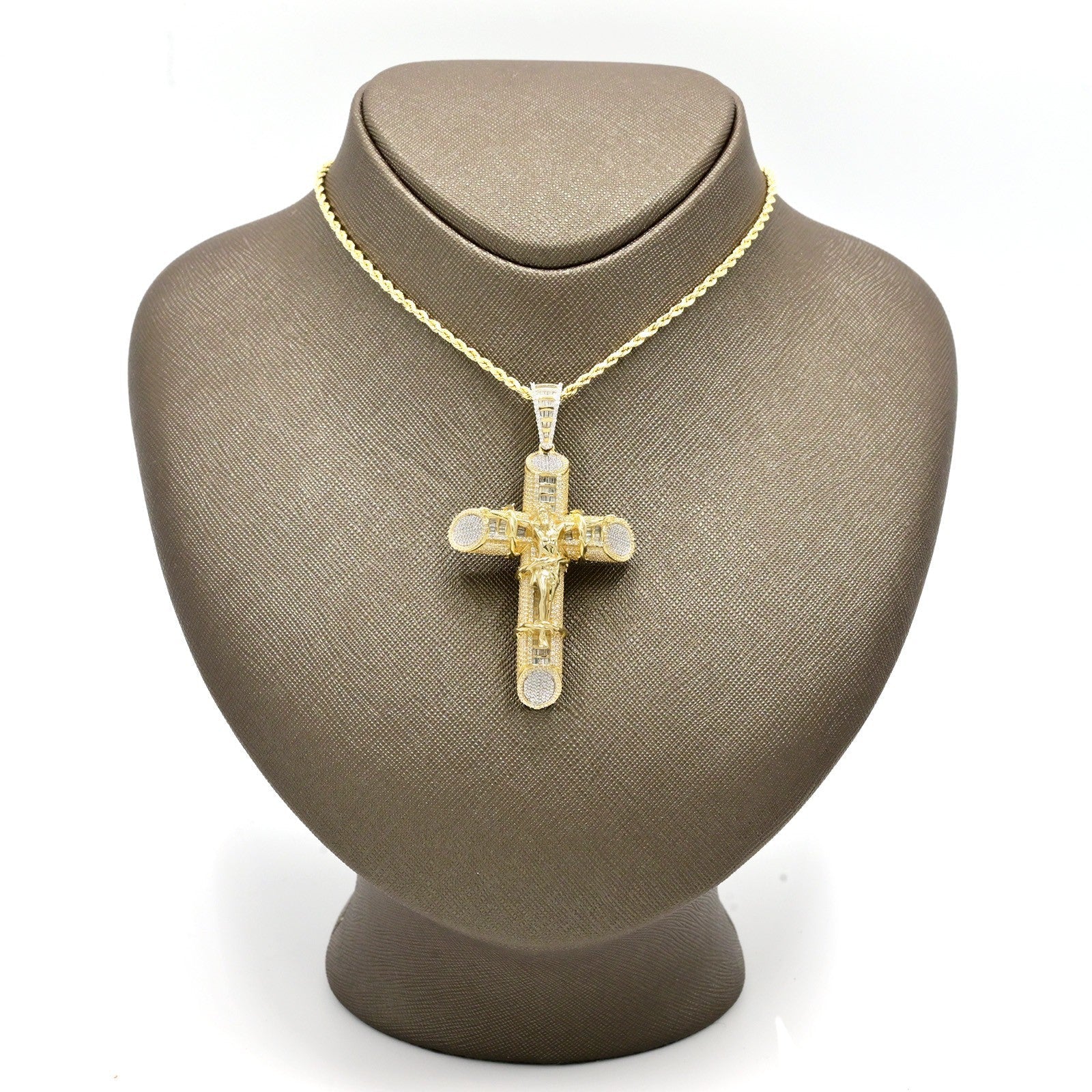 10k Yellow Gold 2.15CTW Natural Round/Baguette Diamond Cross Pendant 24.5g Charm - Elite Jewelers - Charms & Pendants