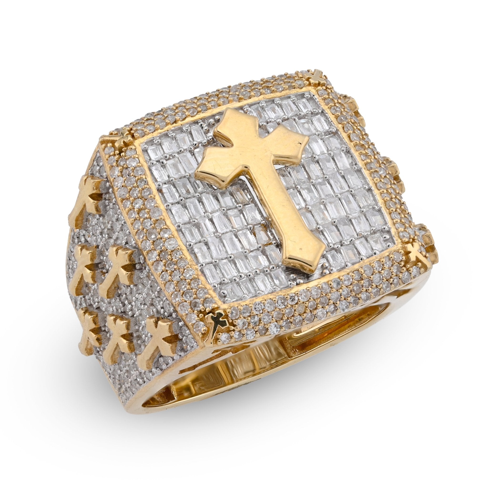 10K Yellow Gold 2.30CT Round/Baguette Rectangle Natural Diamond Centre Cross Side Iced Men Pinky Ring - Elite Jewelers - Rings