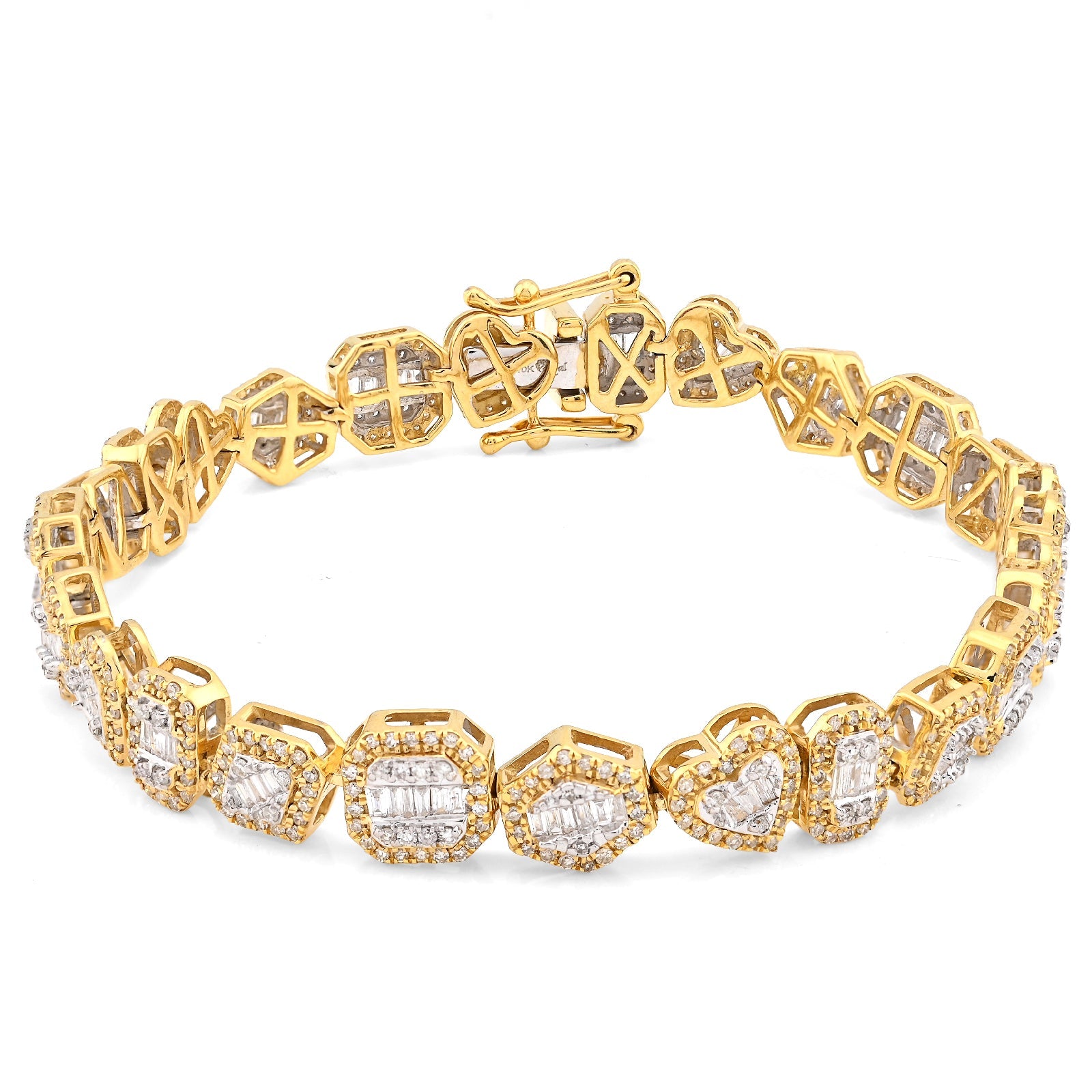 10K yellow Gold 2.33CT Natural Diamond Round/baguette Designer Bracelet 7.5MM Men Women 7" - Elite Jewelers - Bracelets