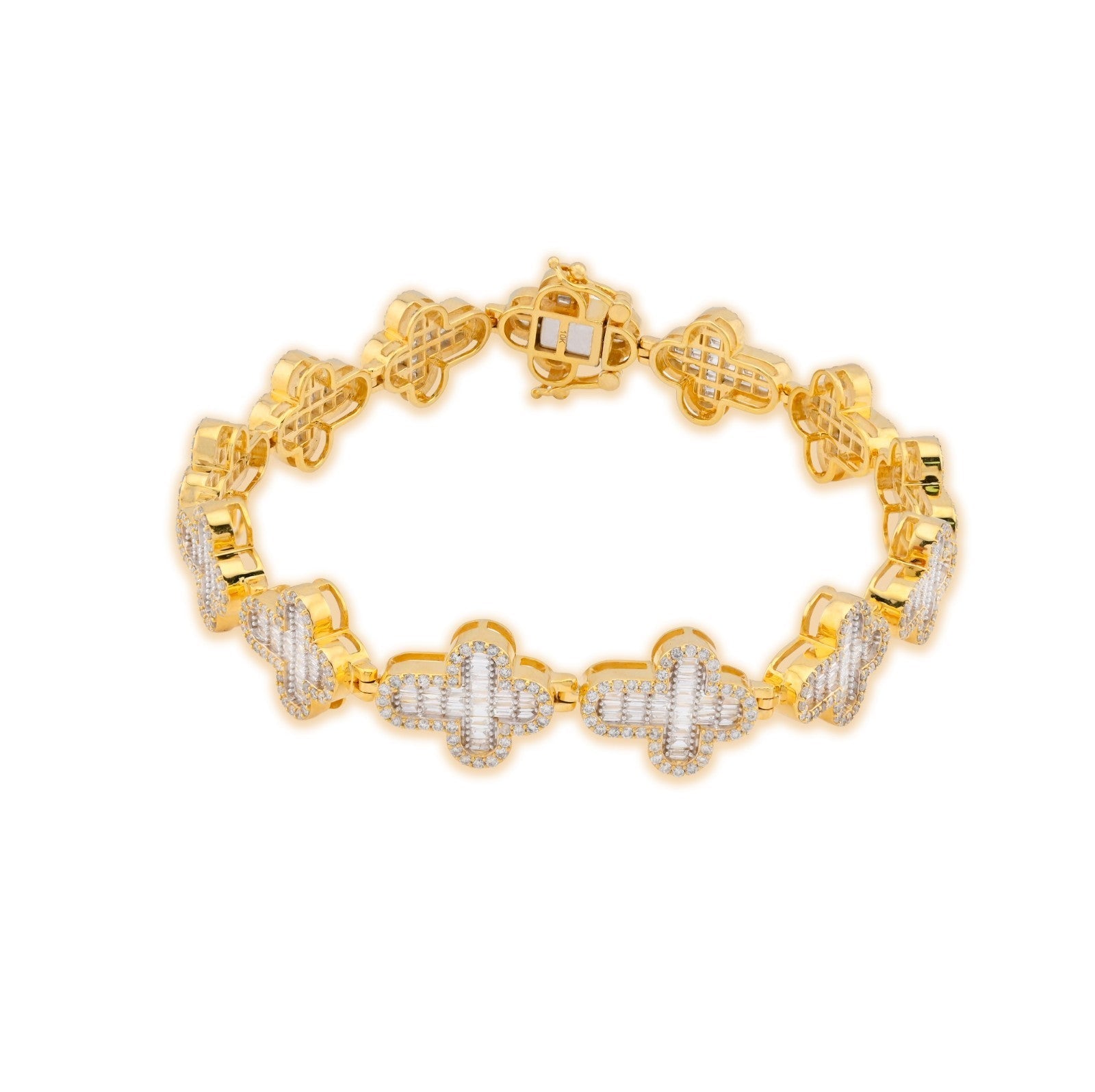10k Yellow Gold 24.2g 4.33CTW Natural Baguette Cross Diamond Bracelet 8In 11.6MM - Elite Jewelers - Bracelets