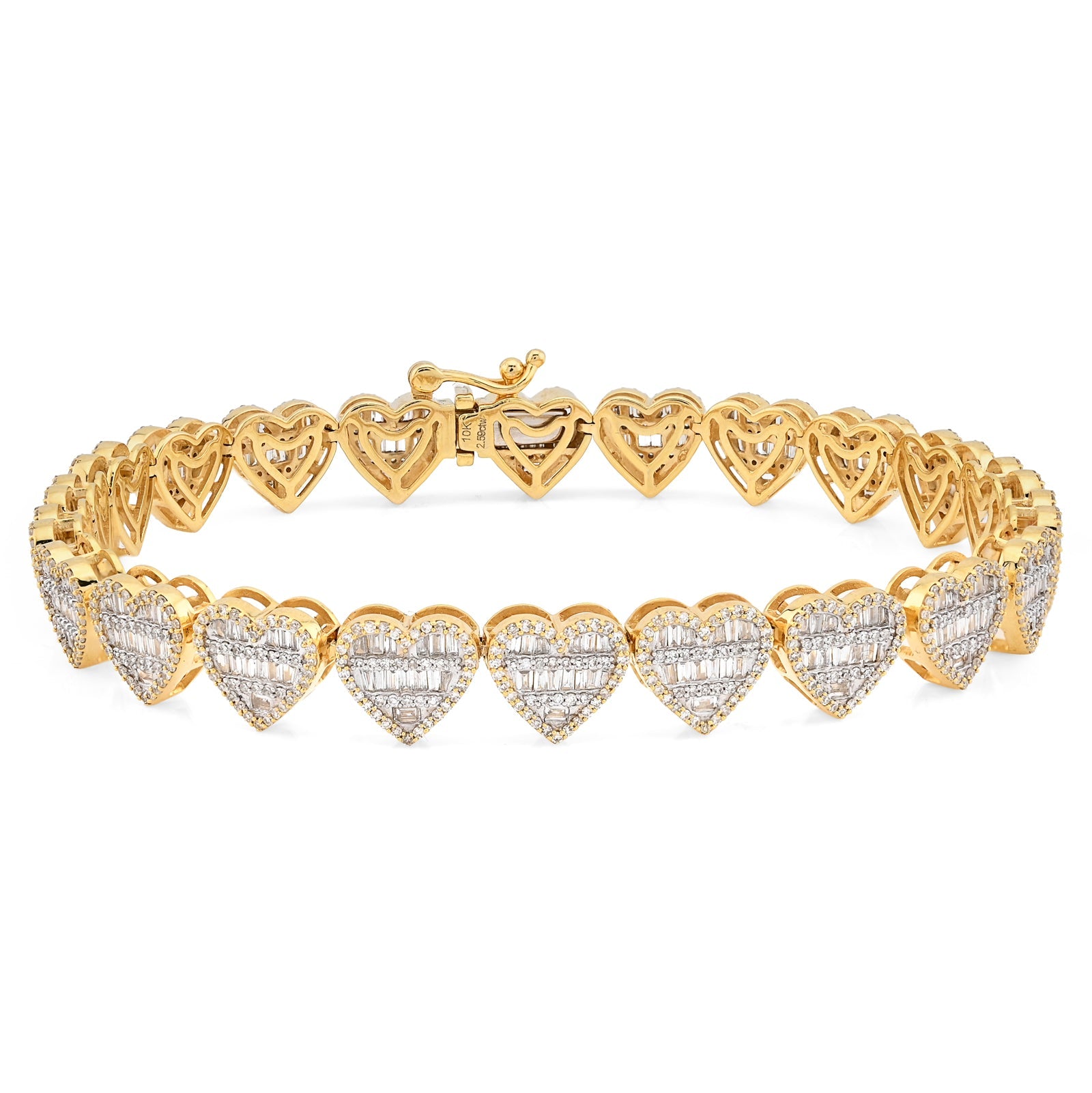 10K Yellow Gold 2.59 Ct Natural Diamond Heart Shape 7.5MM Tennis Bracelet 7" Men Women 14.4g - Elite Jewelers - Bracelets