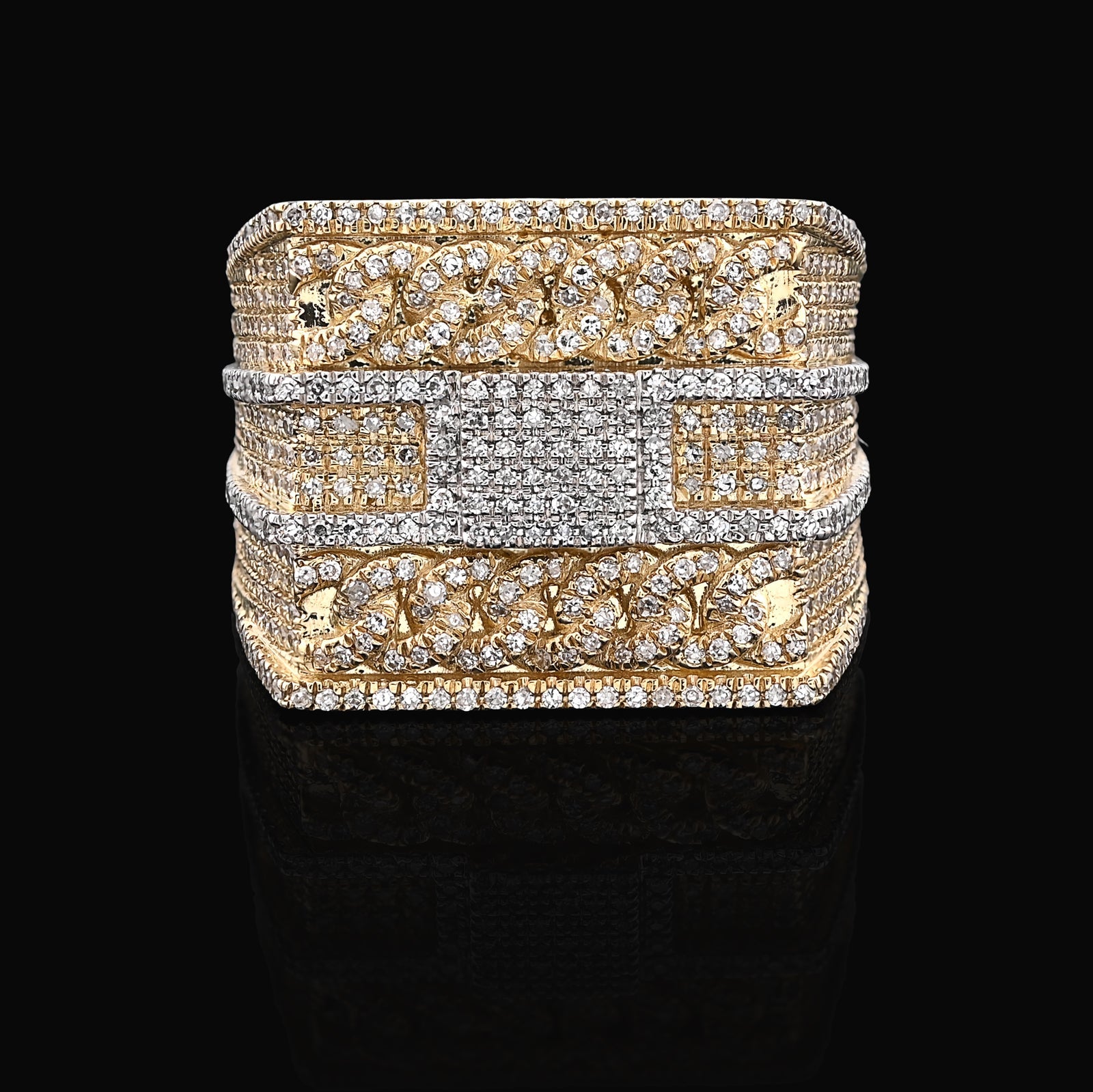 10K Yellow Gold 2.5CT Natural Diamond Rectangular Two Row Cuban link Design Men Ring 10g - Elite Jewelers - Rings