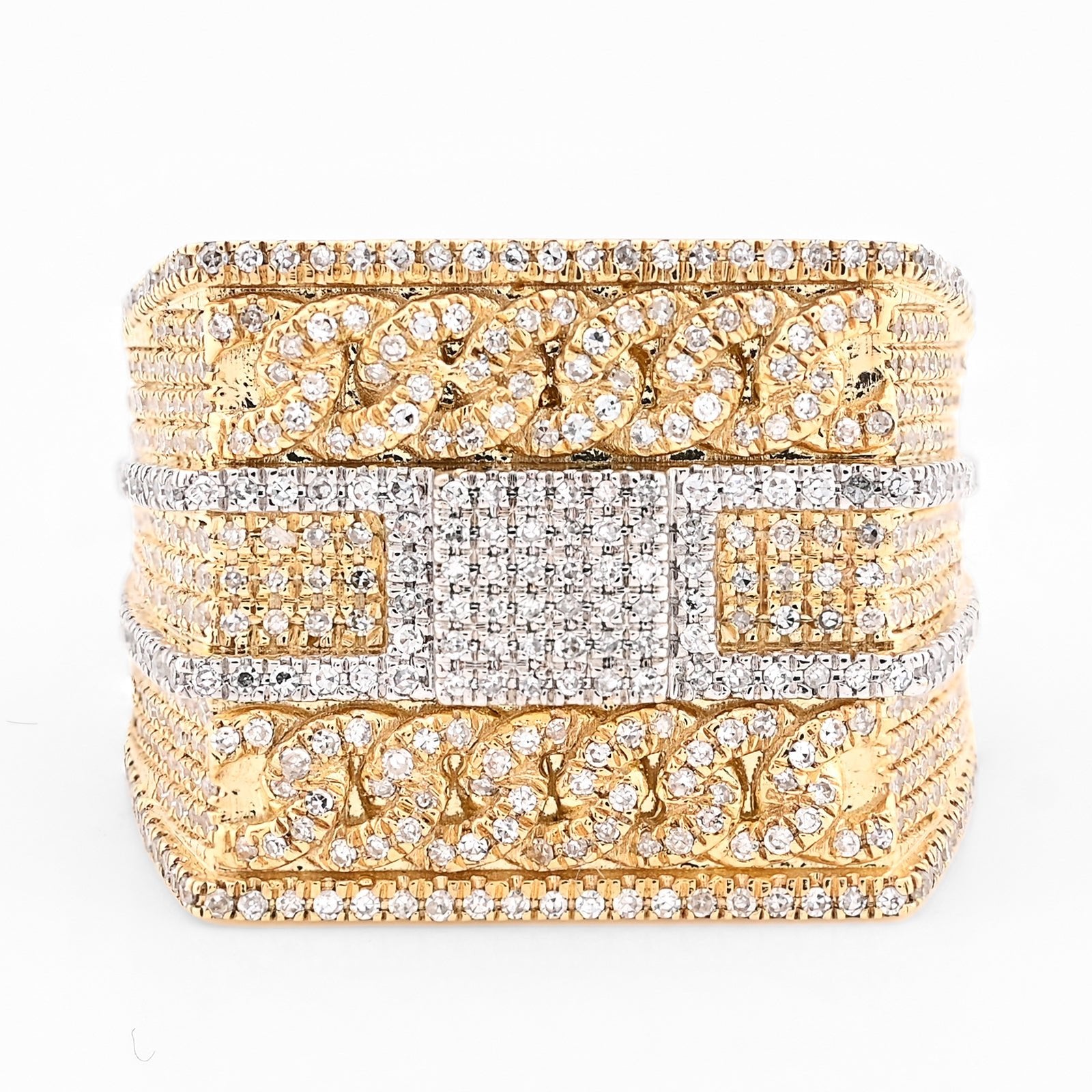 10K Yellow Gold 2.5CT Natural Diamond Rectangular Two Row Cuban link Design Men Ring 10g - Elite Jewelers - Rings