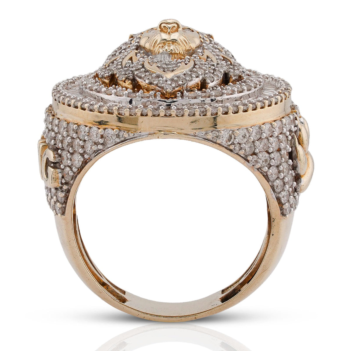 10K Yellow Gold 2.98CT Round/Baguette Natural Diamond Lion Head/Paws Round Shape Men Pinky Ring - Elite Jewelers-Rings
