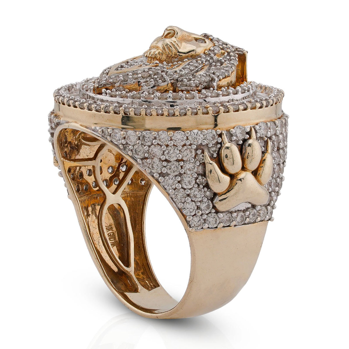 10K Yellow Gold 2.98CT Round/Baguette Natural Diamond Lion Head/Paws Round Shape Men Pinky Ring - Elite Jewelers-Rings