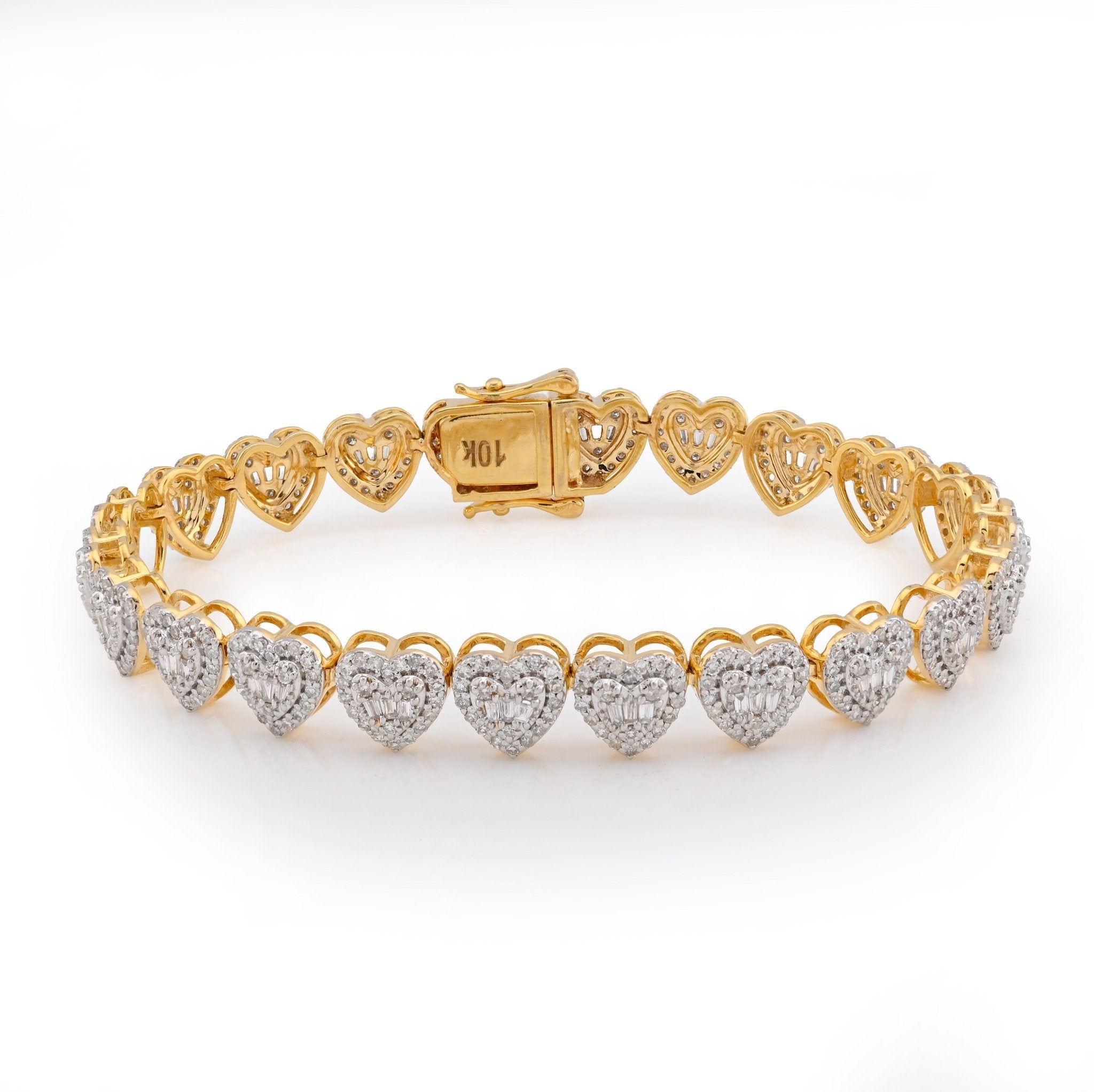 10K Yellow Gold 2CT Natural Diamond Round/Baguette Heart Shape Women's Tennis Bracelet 6.25" - Elite Jewelers - Bracelets